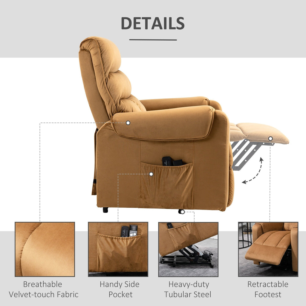 Fauteuil inclinable électrique rembourré en velours marron avec massage par vibration, télécommande, rangement latéral et inclinaison réglable