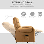 Fauteuil inclinable électrique rembourré en velours marron avec massage par vibration, télécommande, rangement latéral et inclinaison réglable