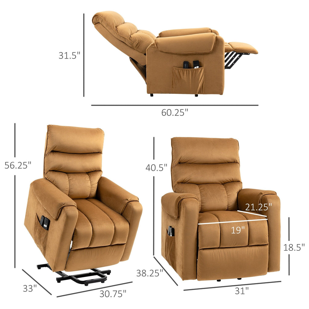 Fauteuil inclinable électrique rembourré en velours marron avec massage par vibration, télécommande, poches de rangement et inclinaison réglable