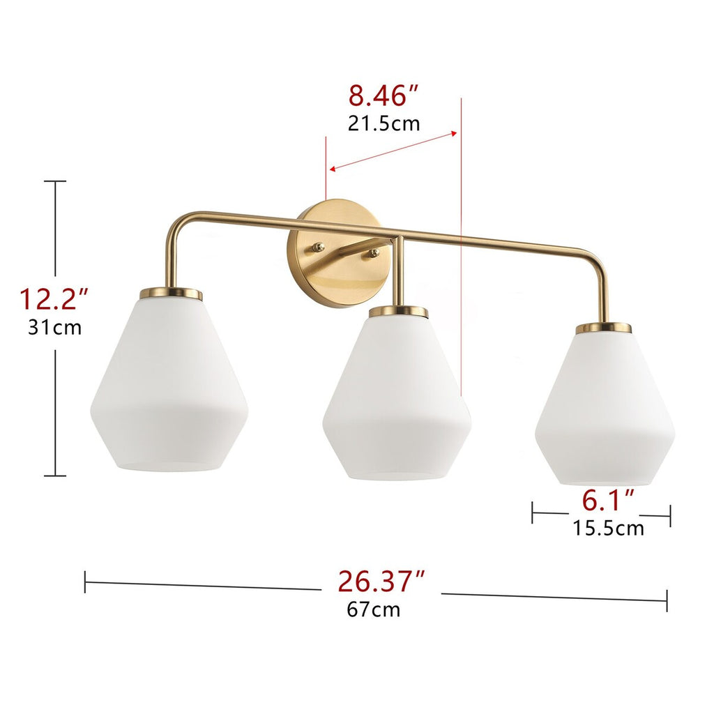 Luminaire de salle de bain à 3 lumières en laiton brossé avec abat-jour en verre blanc laiteux