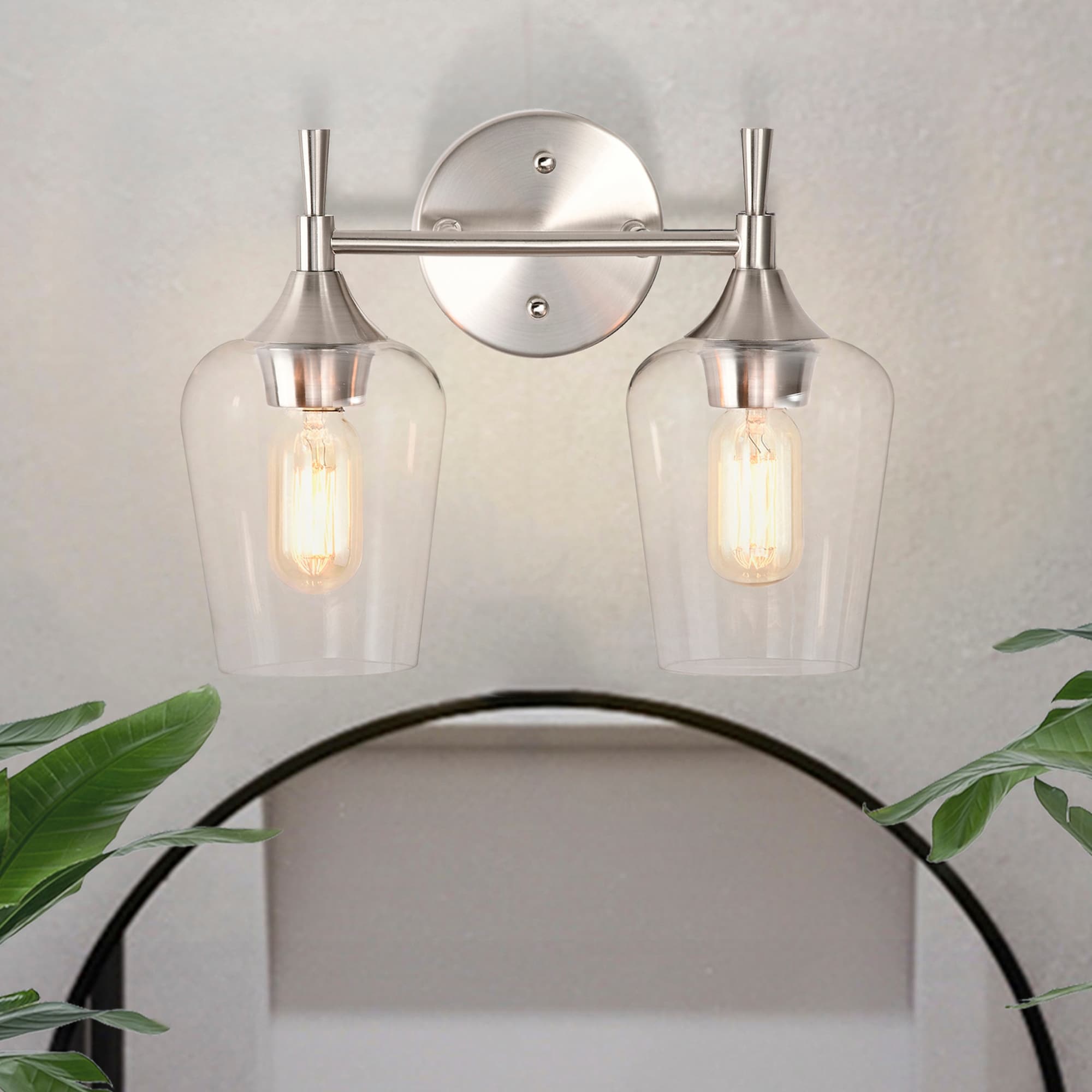 Applique de vanité moderne à 2 lumières en nickel brossé avec abat-jour en verre à vin transparent - Nickel brossé