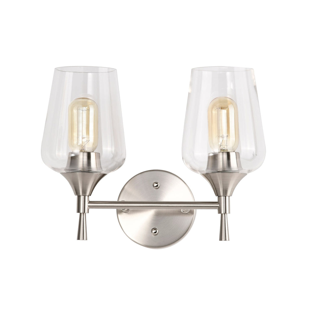 Applique de vanité moderne à 2 lumières en nickel brossé avec abat-jour en verre à vin transparent - Nickel brossé