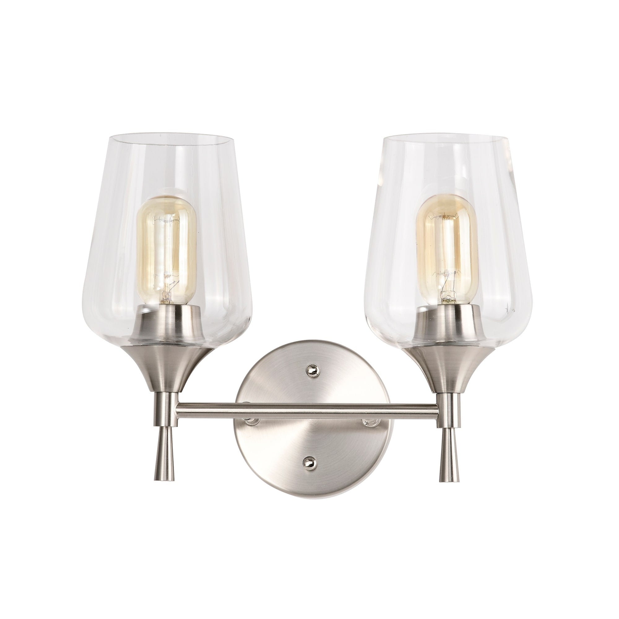 Applique de vanité moderne à 2 lumières en nickel brossé avec abat-jour en verre à vin transparent - Nickel brossé