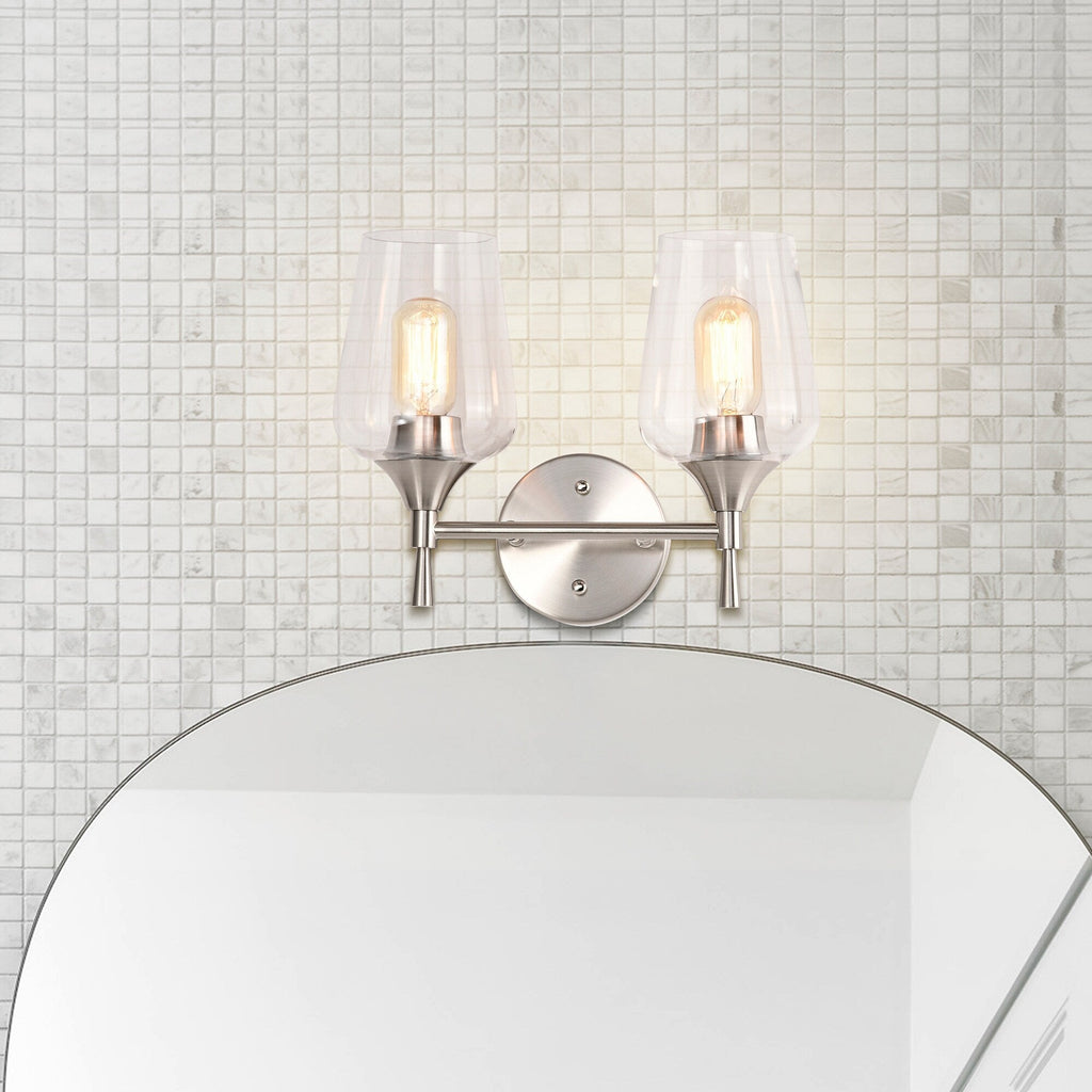 Applique de vanité moderne à 2 lumières en nickel brossé avec abat-jour en verre à vin transparent - Nickel brossé