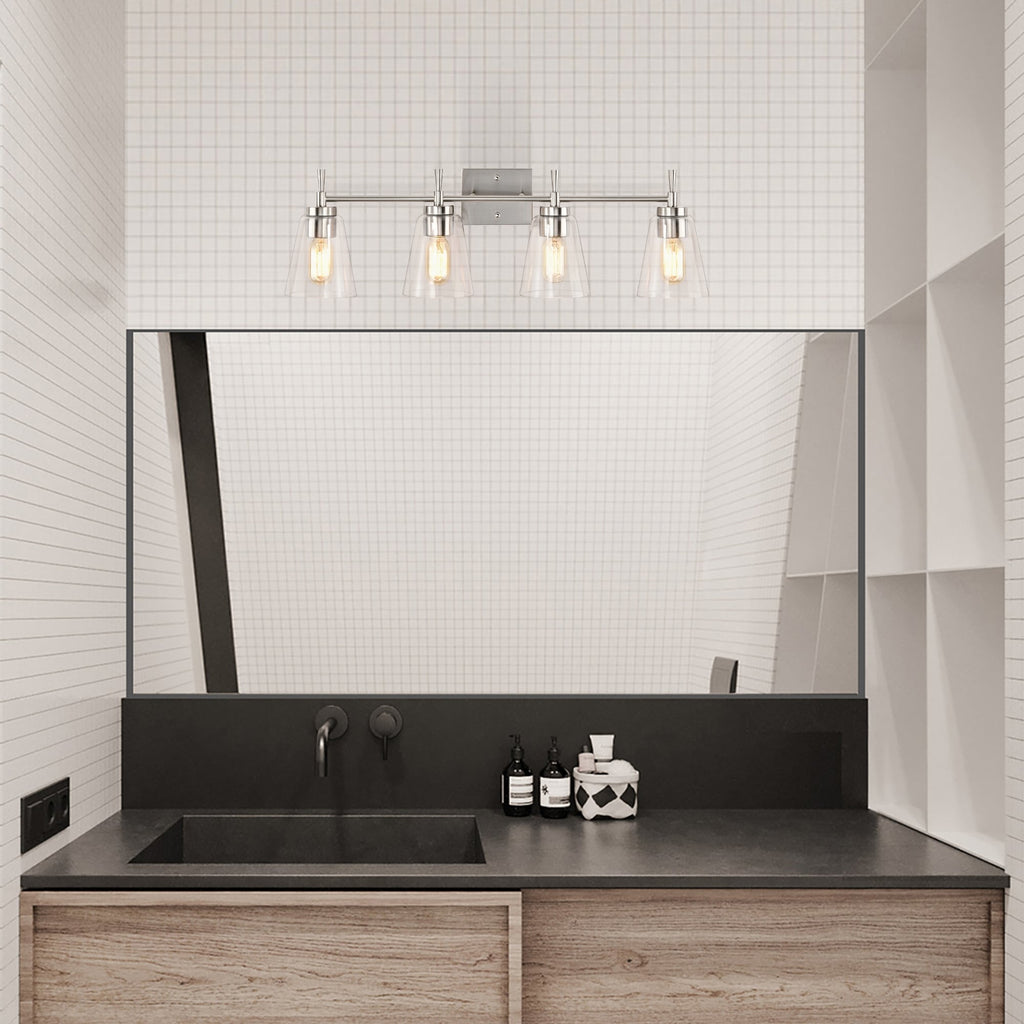 Applique de vanité moderne à 4 lumières en nickel brossé avec abat-jour coniques en verre transparent - Nickel brossé
