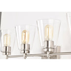 Applique de vanité moderne à 4 lumières en nickel brossé avec abat-jour coniques en verre transparent - Nickel brossé