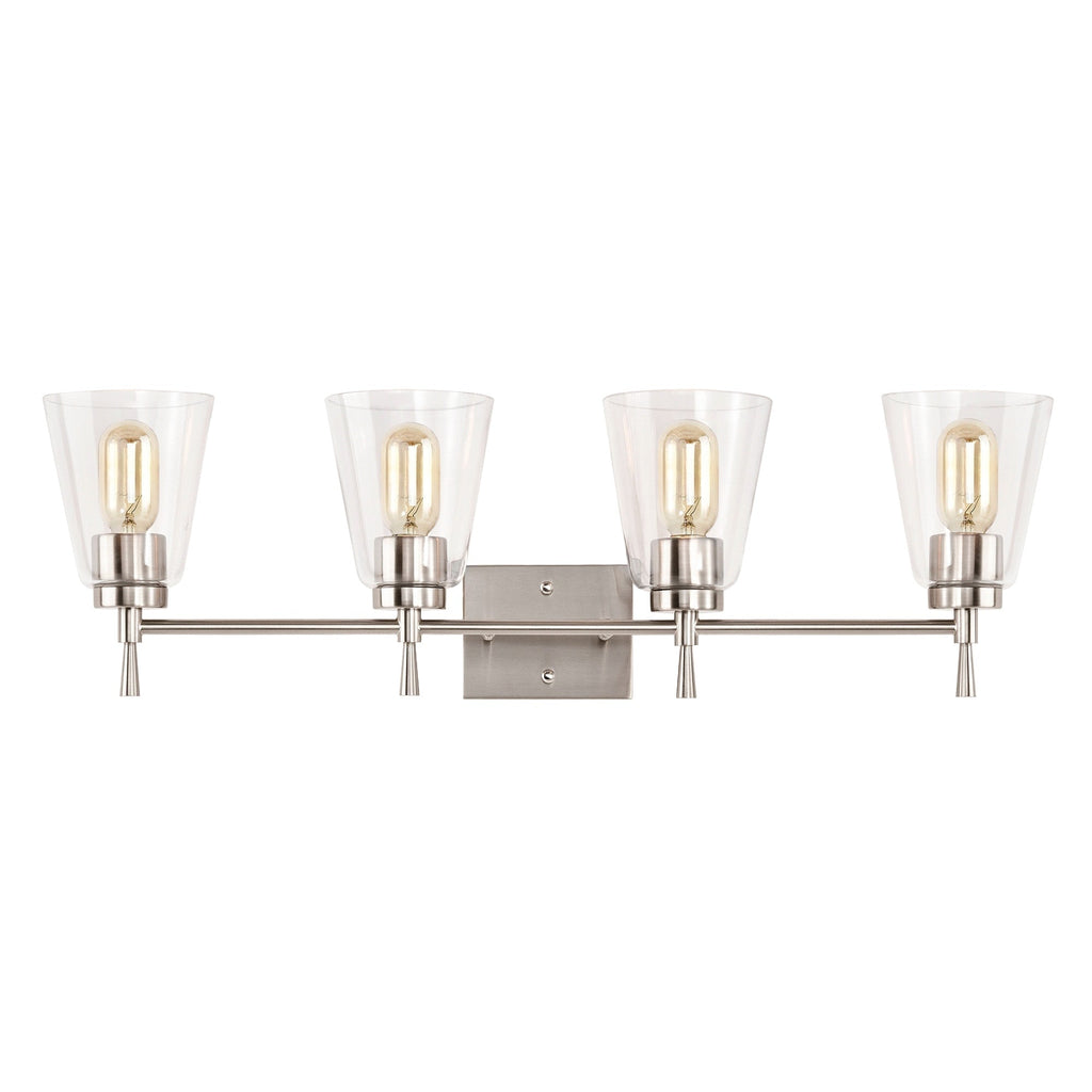 Applique de vanité moderne à 4 lumières en nickel brossé avec abat-jour coniques en verre transparent - Nickel brossé
