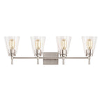Applique de vanité moderne à 4 lumières en nickel brossé avec abat-jour coniques en verre transparent - Nickel brossé
