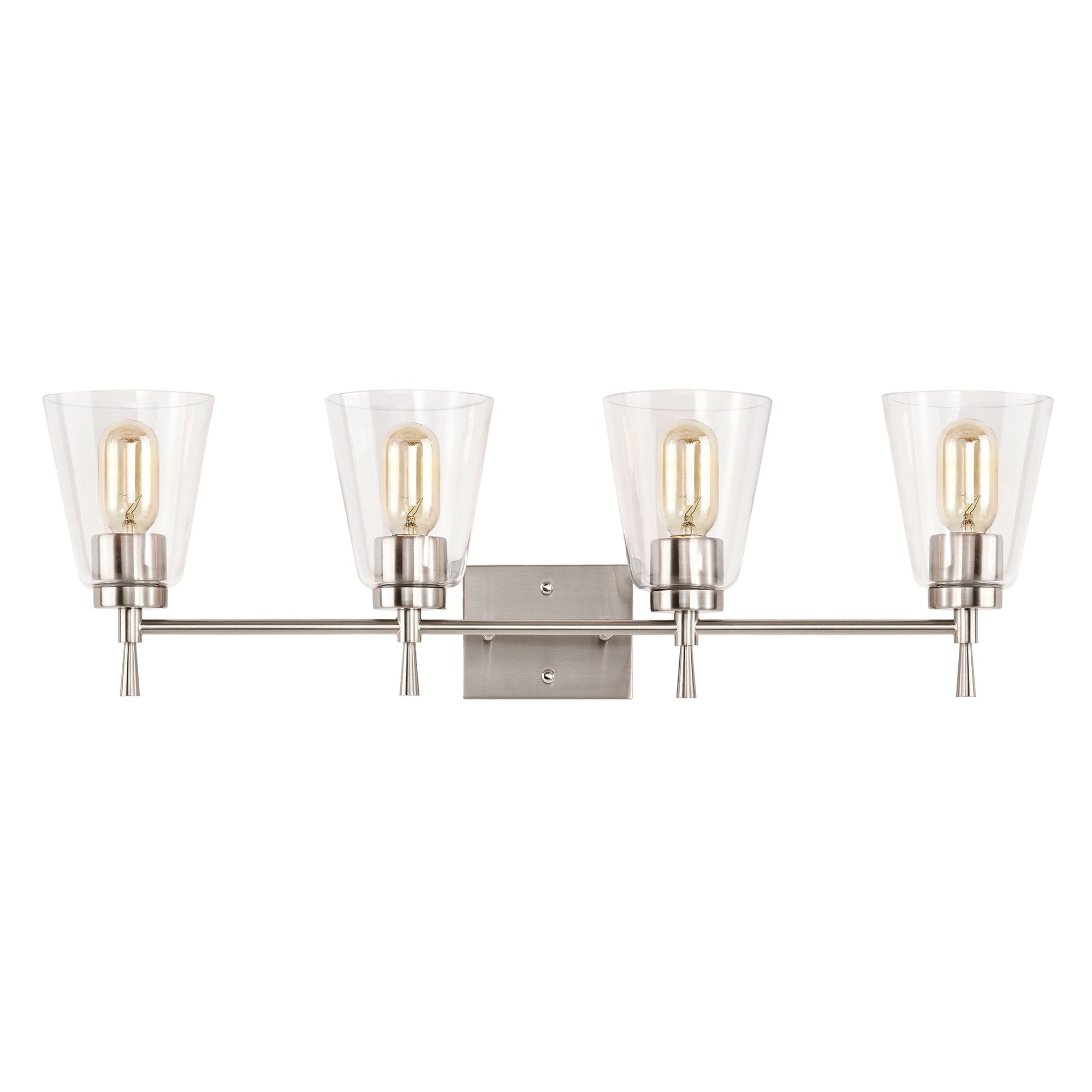 Applique de vanité moderne à 4 lumières en nickel brossé avec abat-jour coniques en verre transparent - Nickel brossé