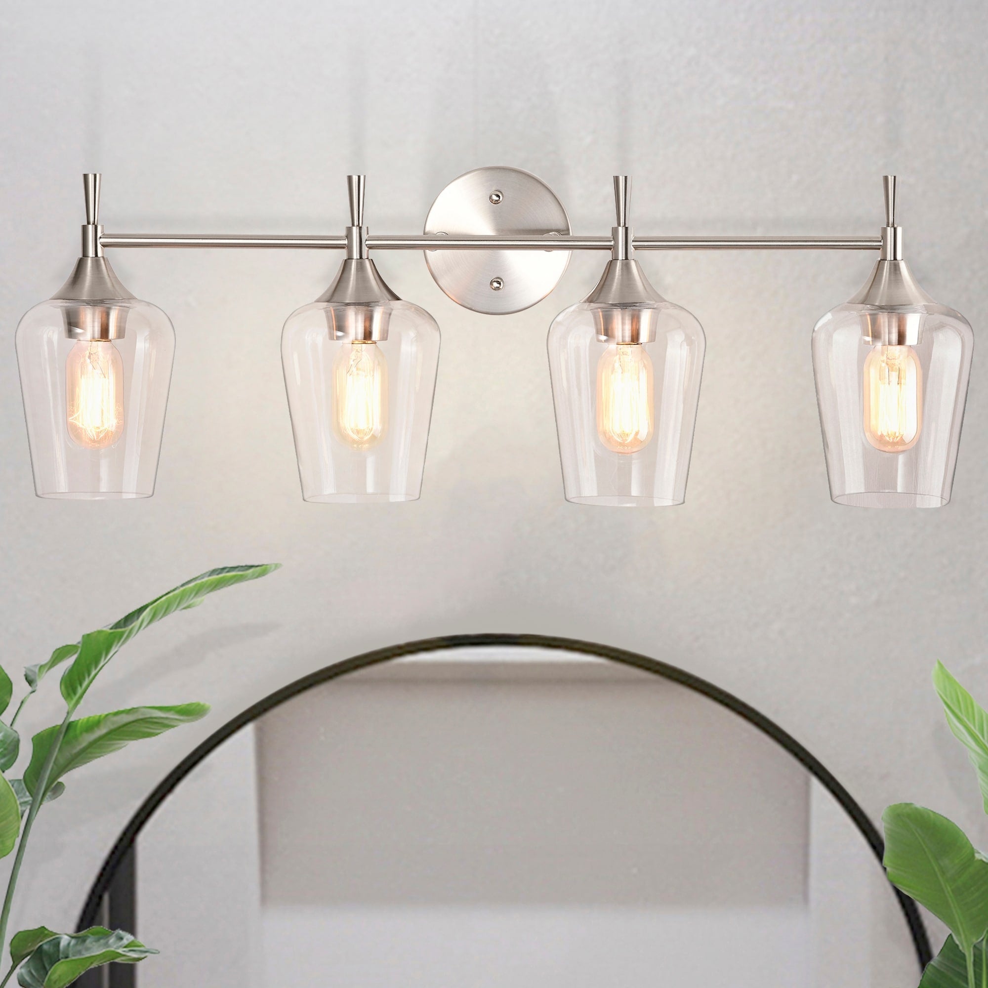 Applique de vanité moderne à 4 lumières en nickel brossé avec abat-jour en verre transparent - Nickel brossé