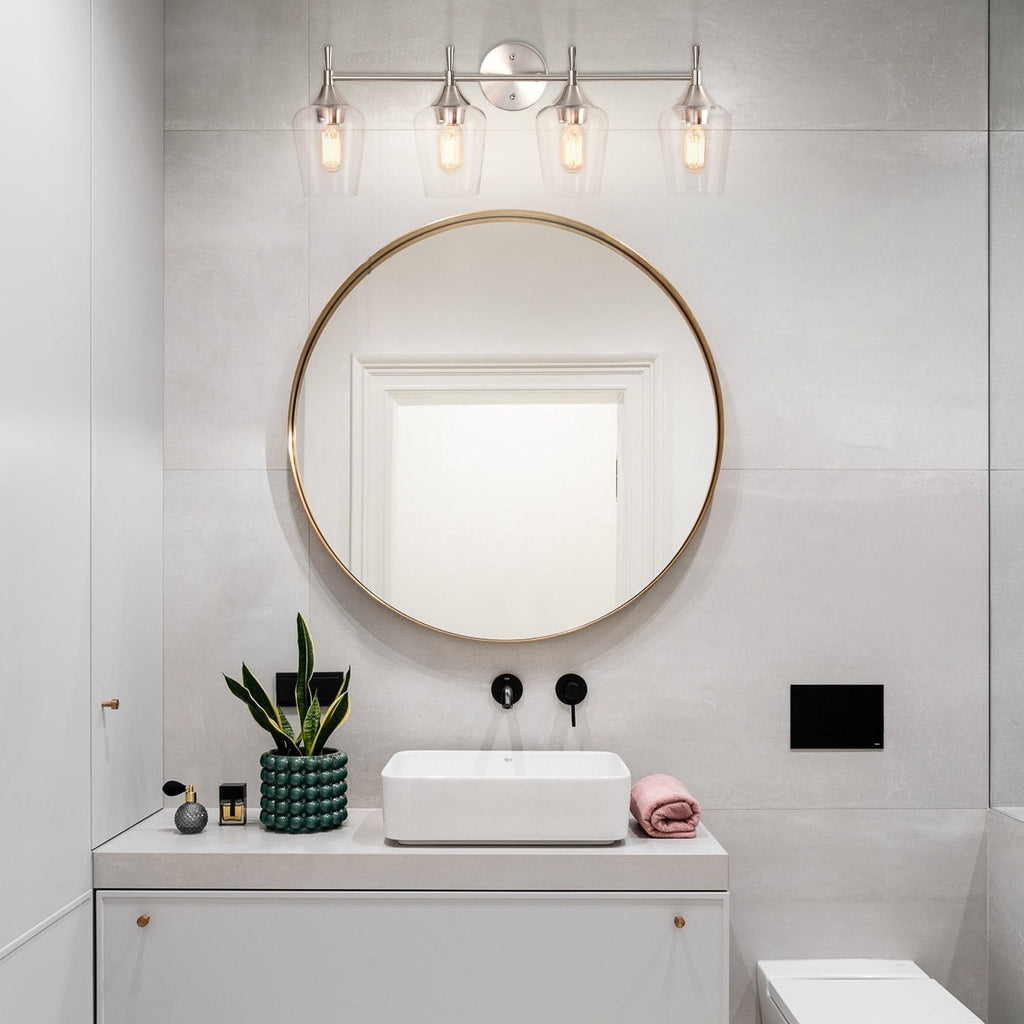 Applique de vanité moderne à 4 lumières en nickel brossé avec abat-jour en verre transparent - Nickel brossé
