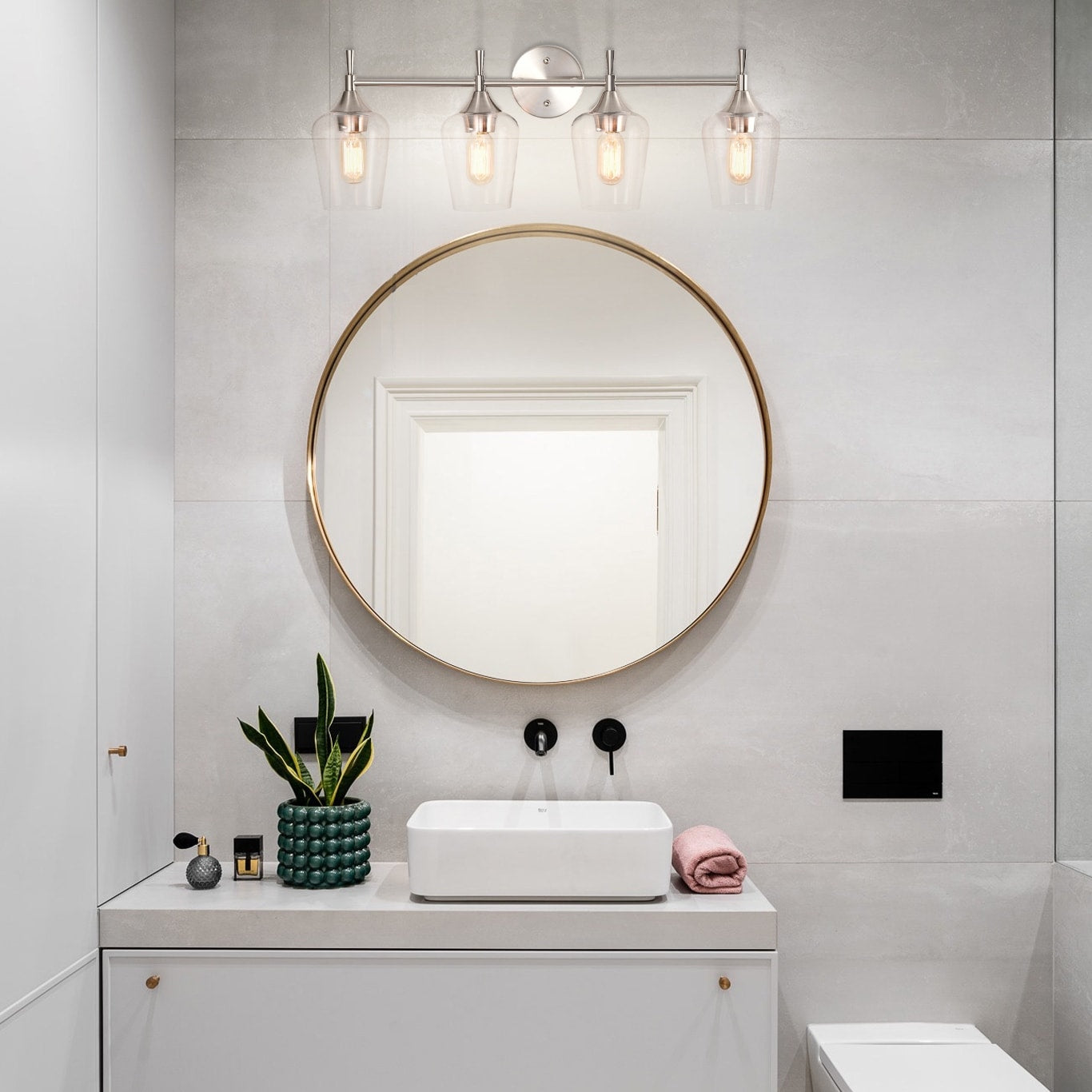 Applique de vanité moderne à 4 lumières en nickel brossé avec abat-jour en verre transparent - Nickel brossé