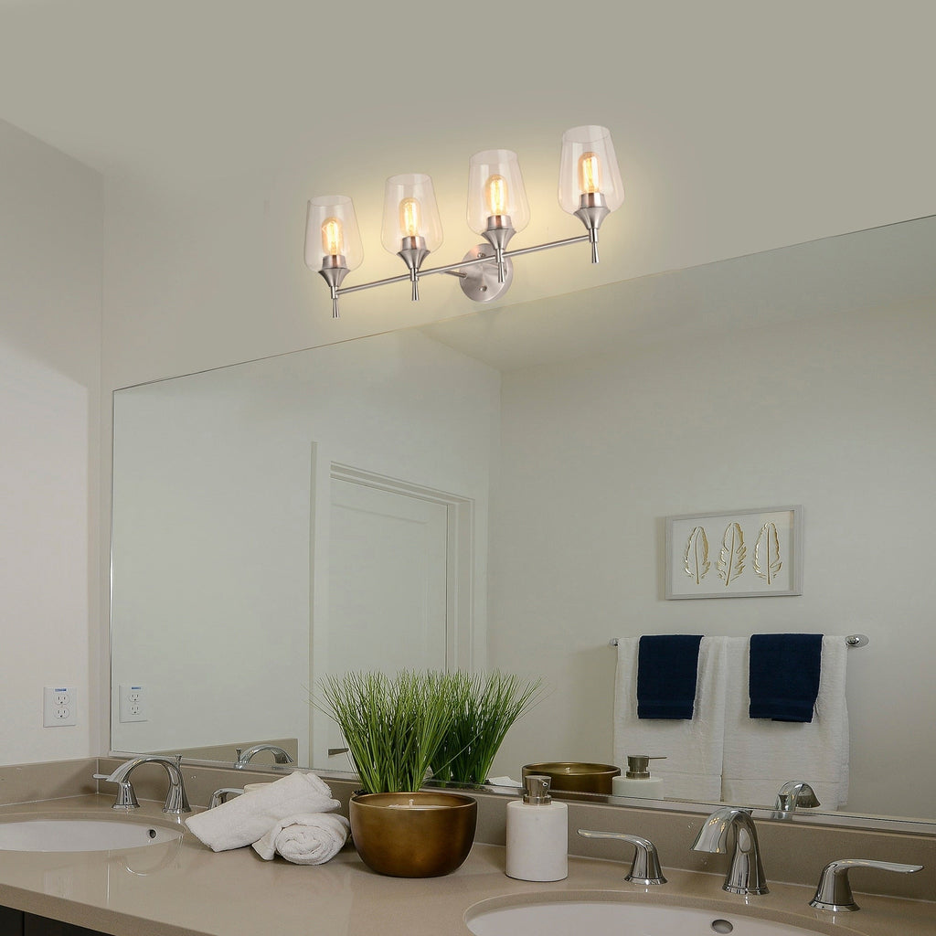 Applique de vanité moderne à 4 lumières en nickel brossé avec abat-jour en verre transparent - Nickel brossé