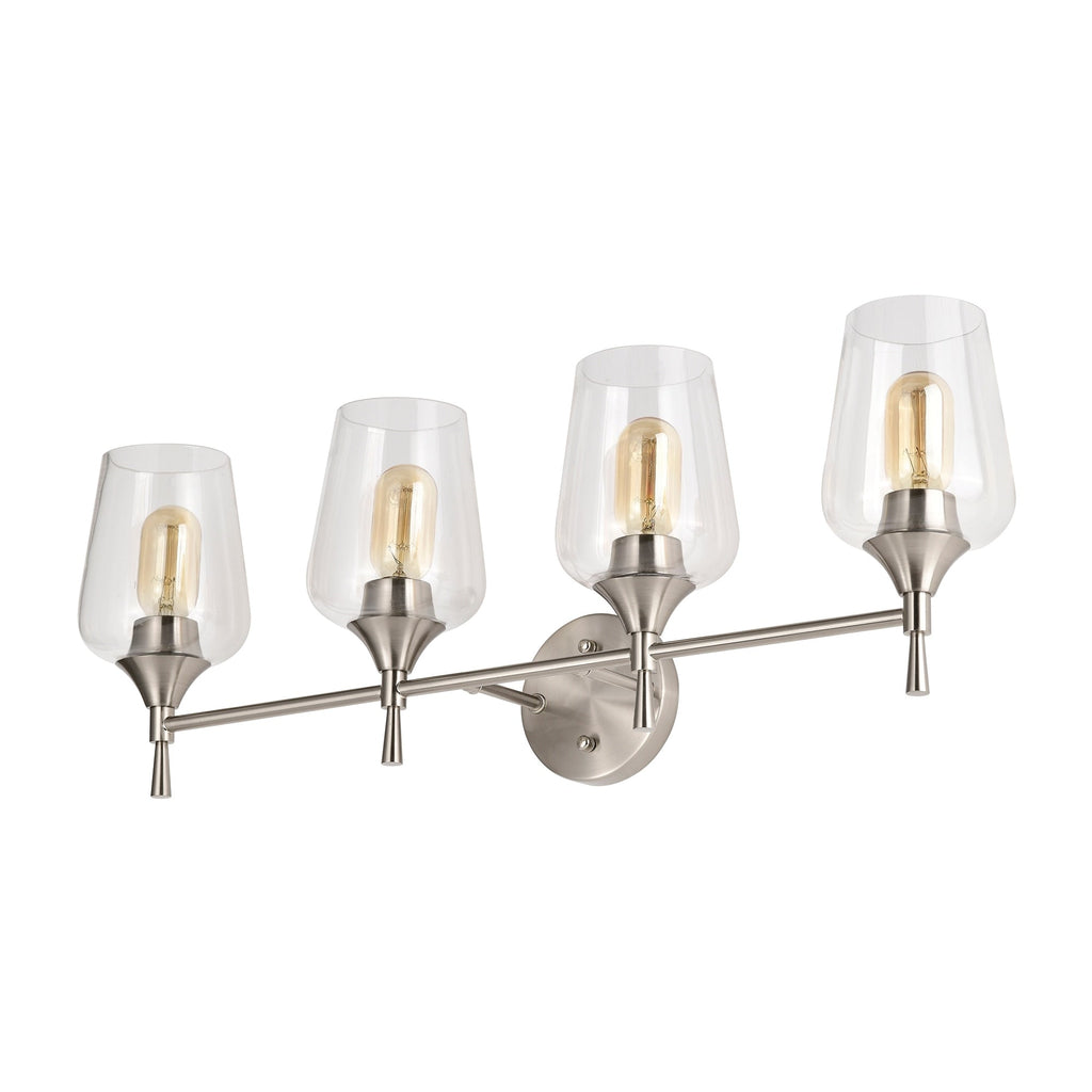Applique de vanité moderne à 4 lumières en nickel brossé avec abat-jour en verre transparent - Nickel brossé
