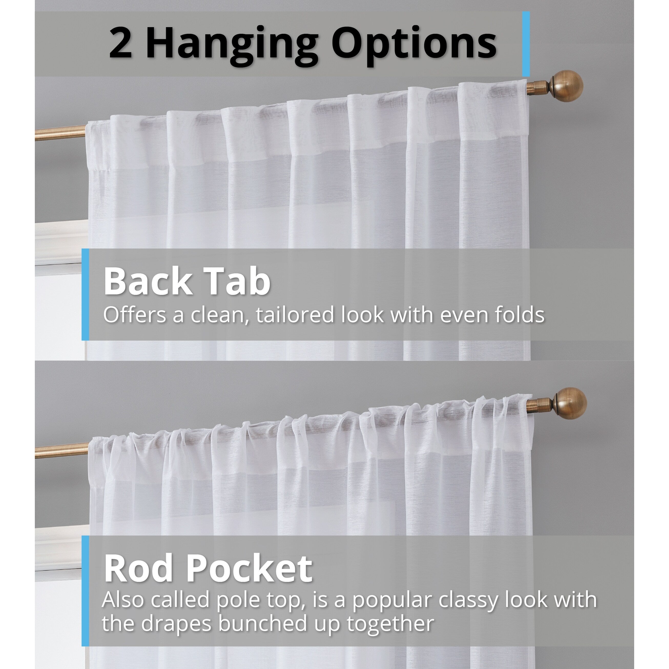 HLC.me Lauren Lot de 2 rideaux semi-transparents avec passe-tringle et languette arrière