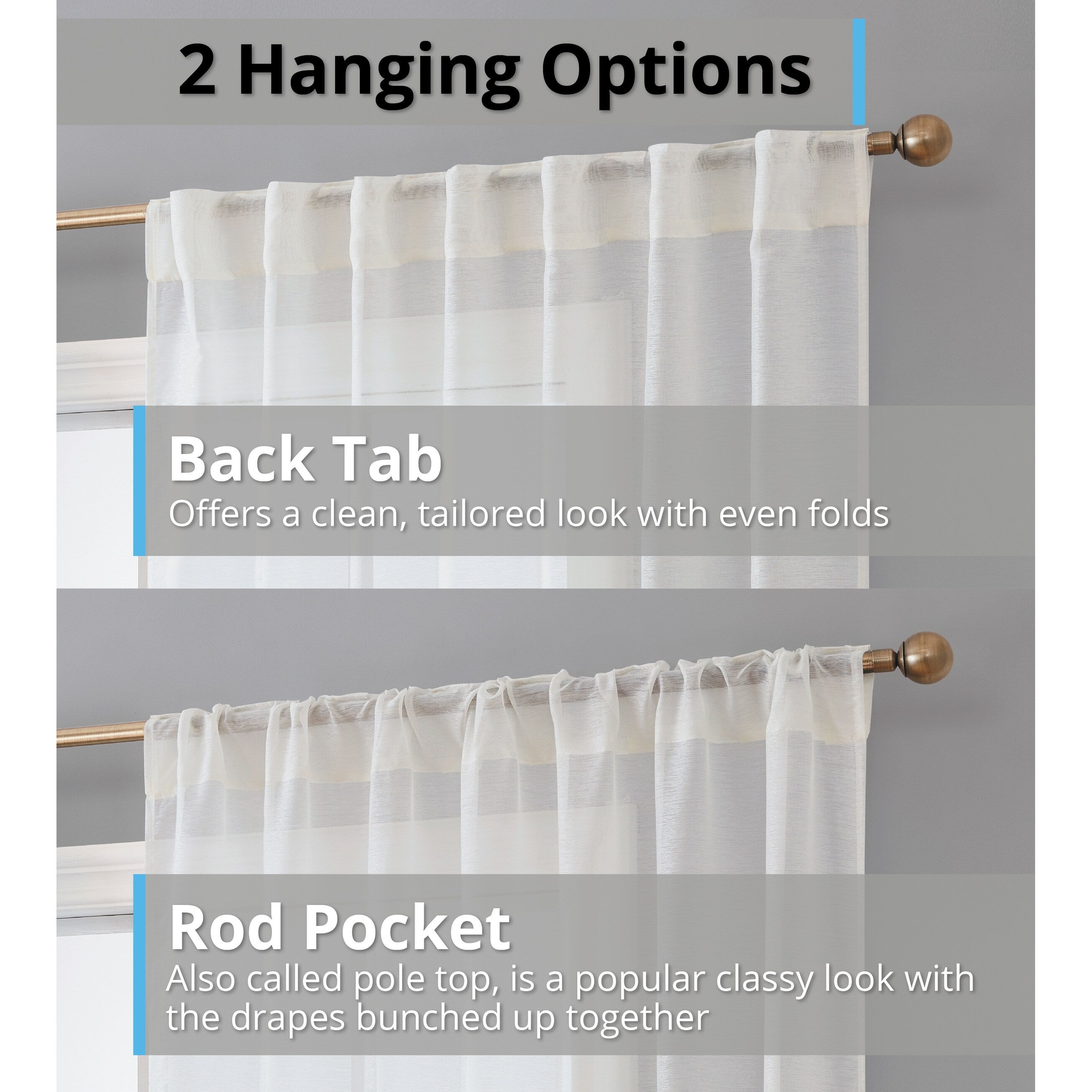 HLC.me Lauren Lot de 2 rideaux semi-transparents avec passe-tringle et languette arrière