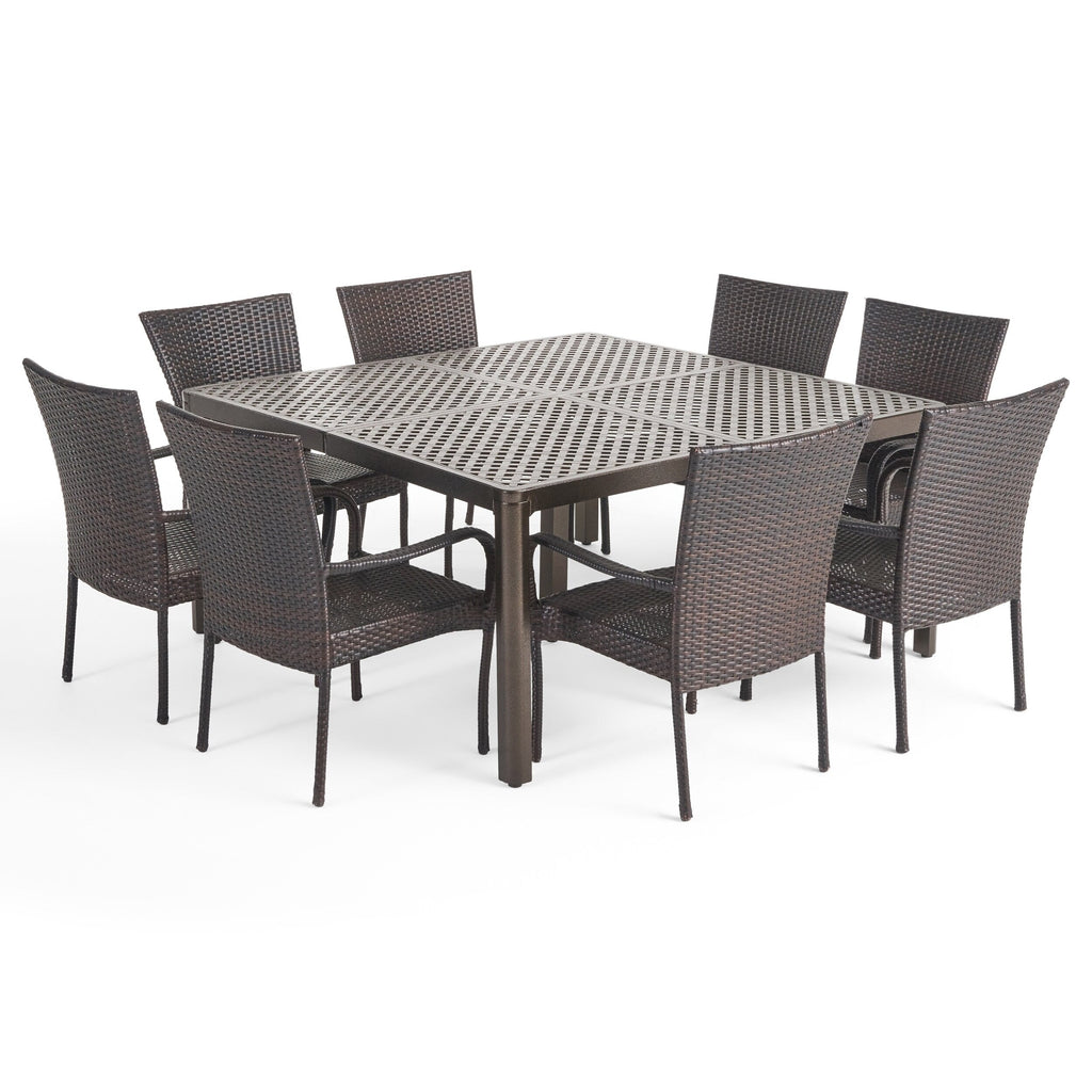 Ensemble de salle à manger d'extérieur Bullpond en aluminium et osier marron, 9 pièces, par Christopher Knight Home