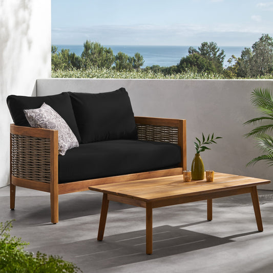 Christopher Knight Home Burchett Ensemble causeuse et table basse d'extérieur en bois d'acacia avec coussins Sunbrella en option
