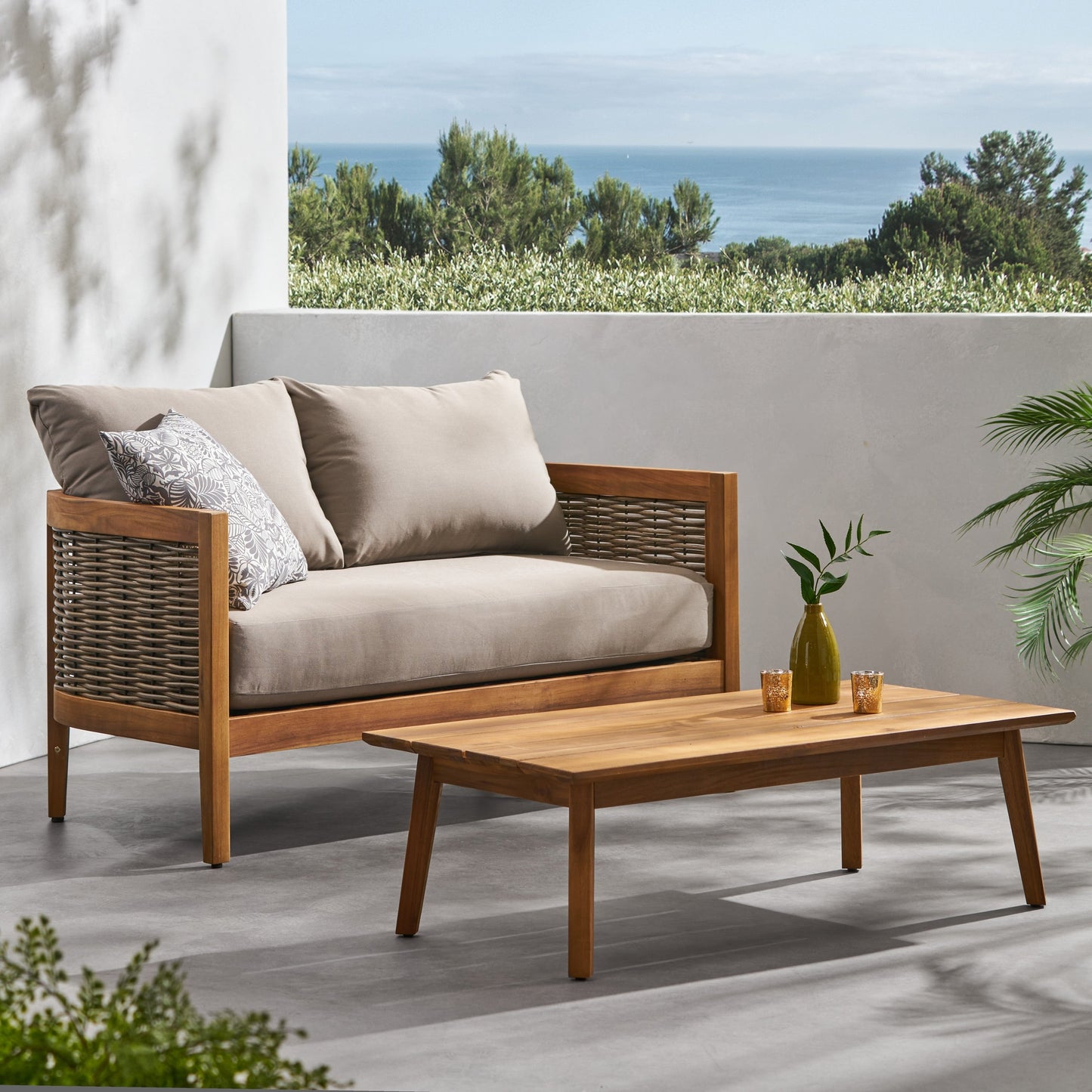 Christopher Knight Home Burchett Ensemble causeuse et table basse d'extérieur en bois d'acacia avec coussins Sunbrella en option