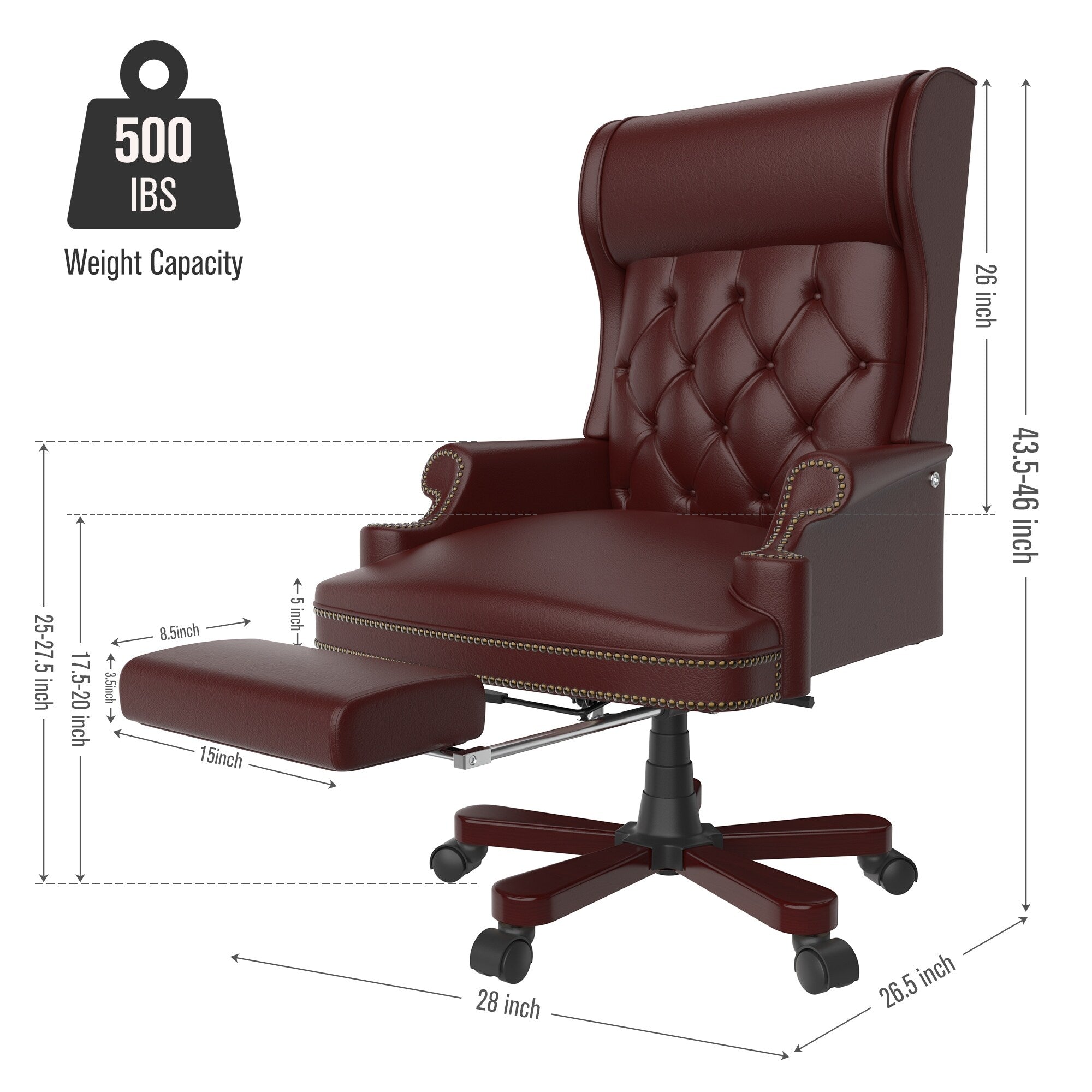 Fauteuil de bureau pivotant ergonomique en cuir PU bordeaux avec repose-pieds, dossier capitonné et décoration cloutée