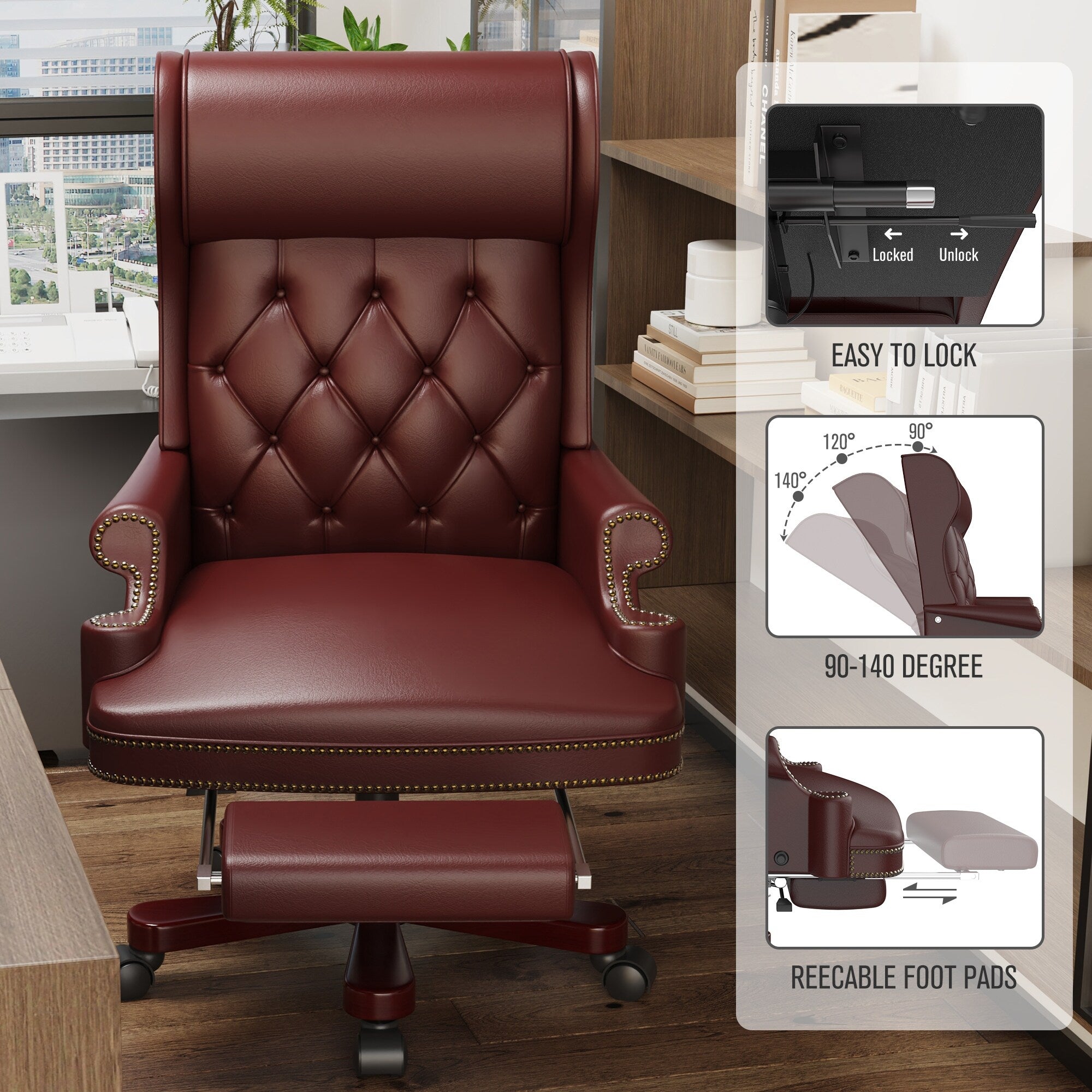 Fauteuil de bureau pivotant ergonomique en cuir PU bordeaux avec repose-pieds, dossier capitonné et décoration cloutée