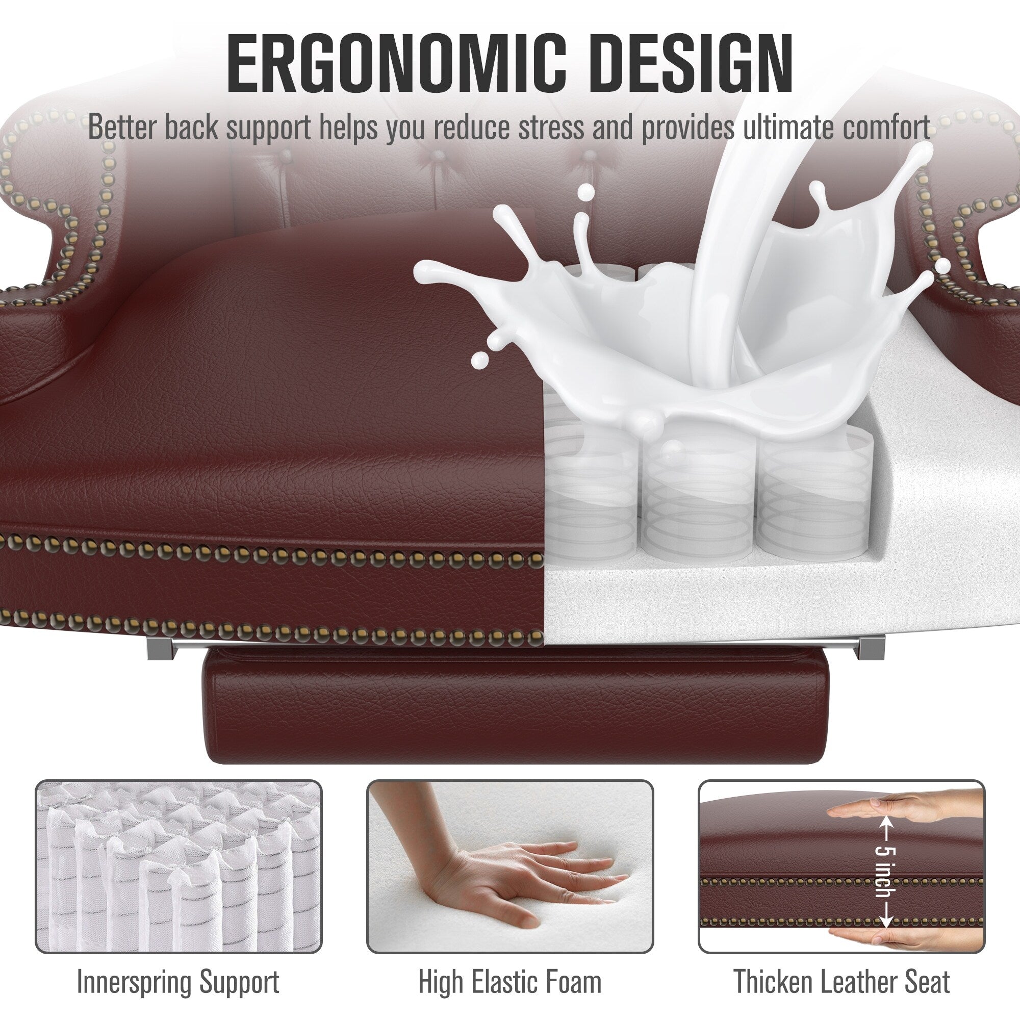 Fauteuil de bureau pivotant ergonomique en cuir PU bordeaux avec repose-pieds, dossier capitonné et décoration cloutée