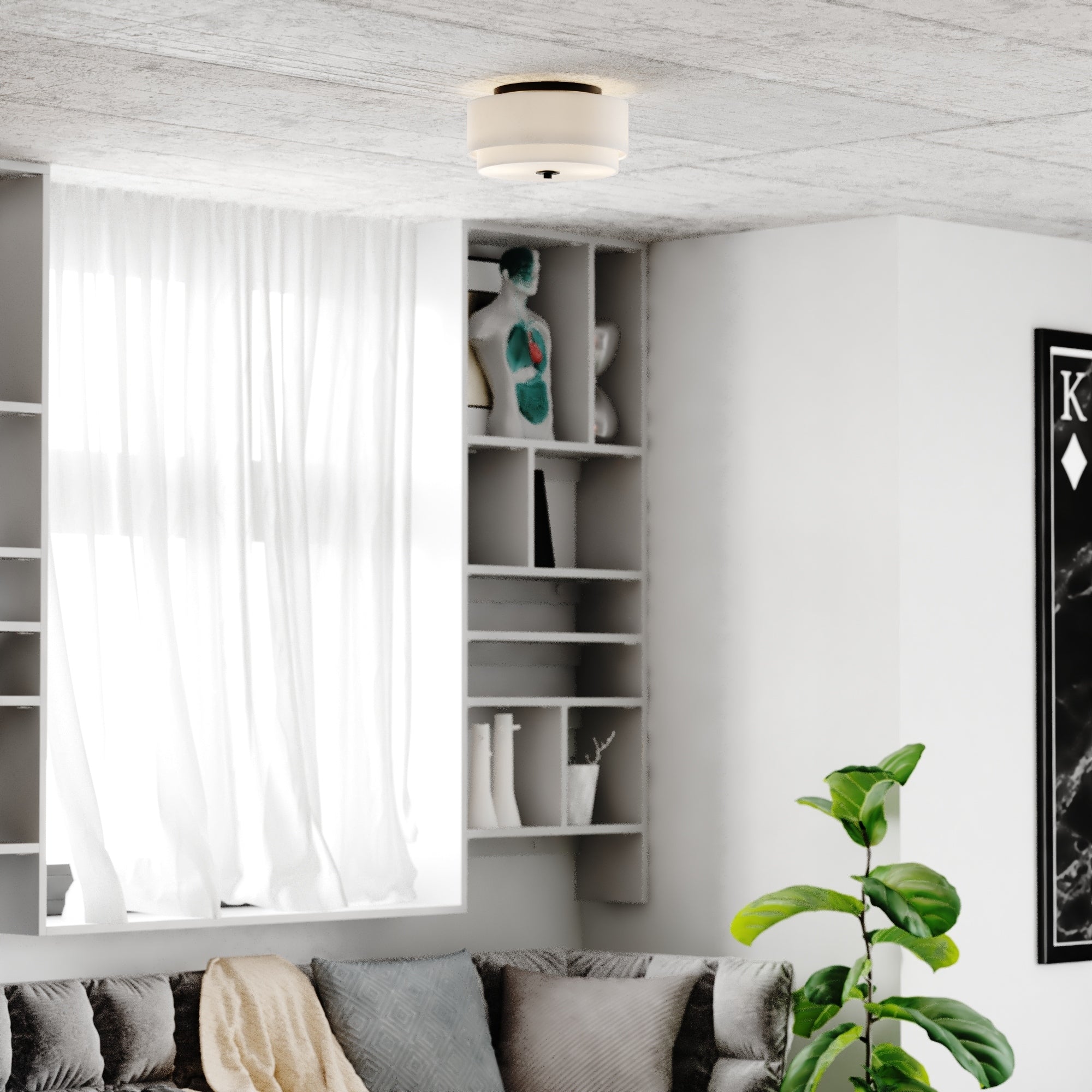 Plafonnier moderne Burnaby du milieu du siècle avec abat-jour tambour en lin blanc