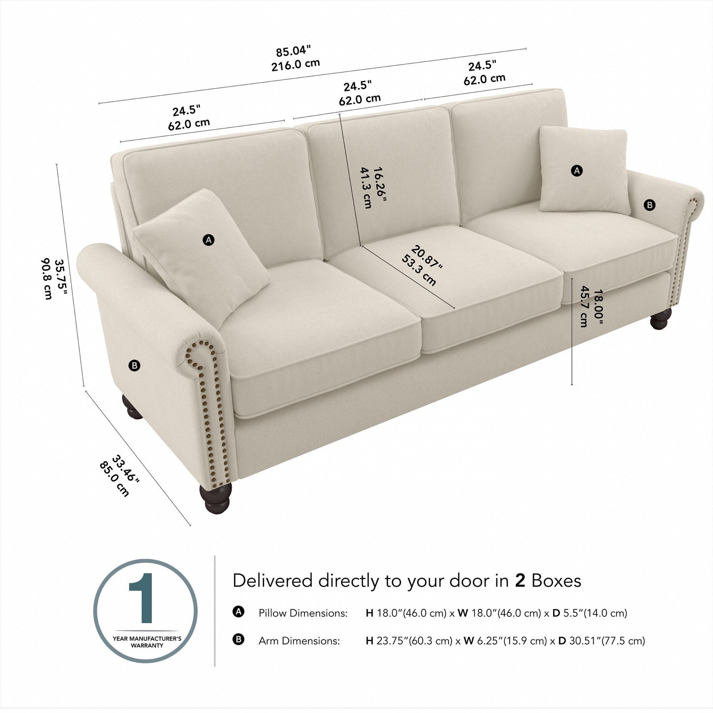 Grand canapé de salon 3 places Bush Furniture Coventry 85W