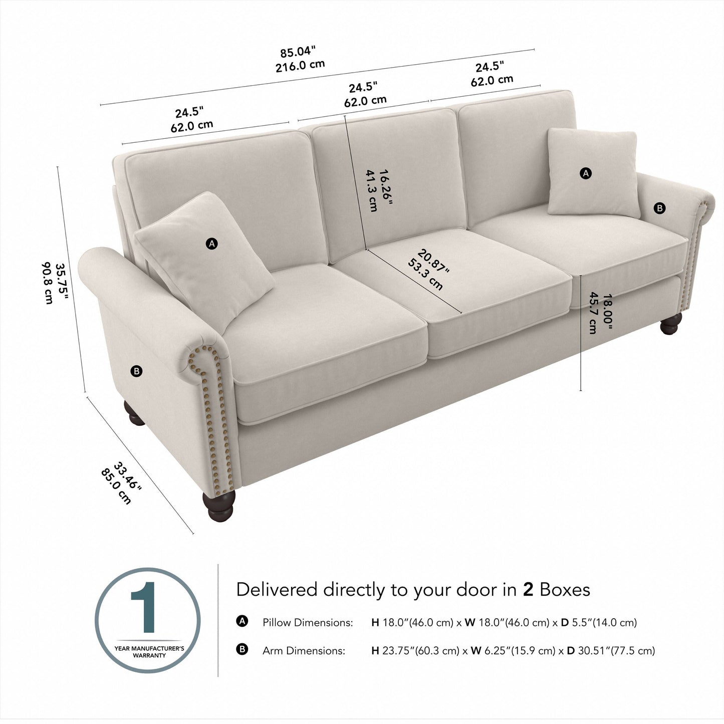 Grand canapé de salon 3 places Bush Furniture Coventry 85W