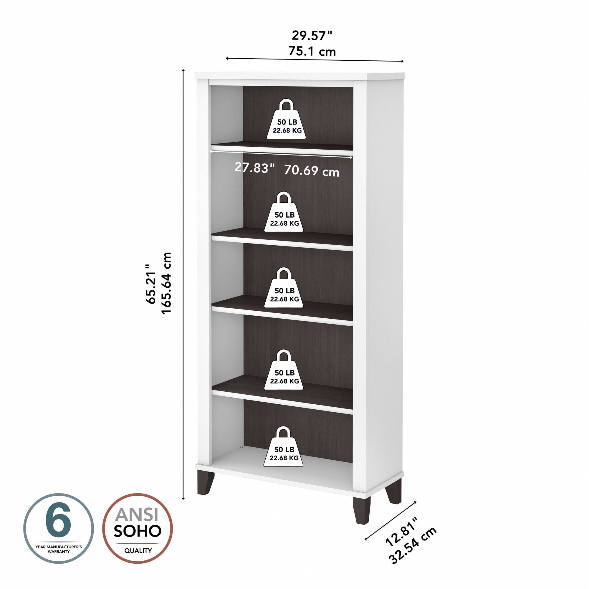Bush Furniture Somerset Tall 5 Shelf Bookcase with Adjustable Shelves