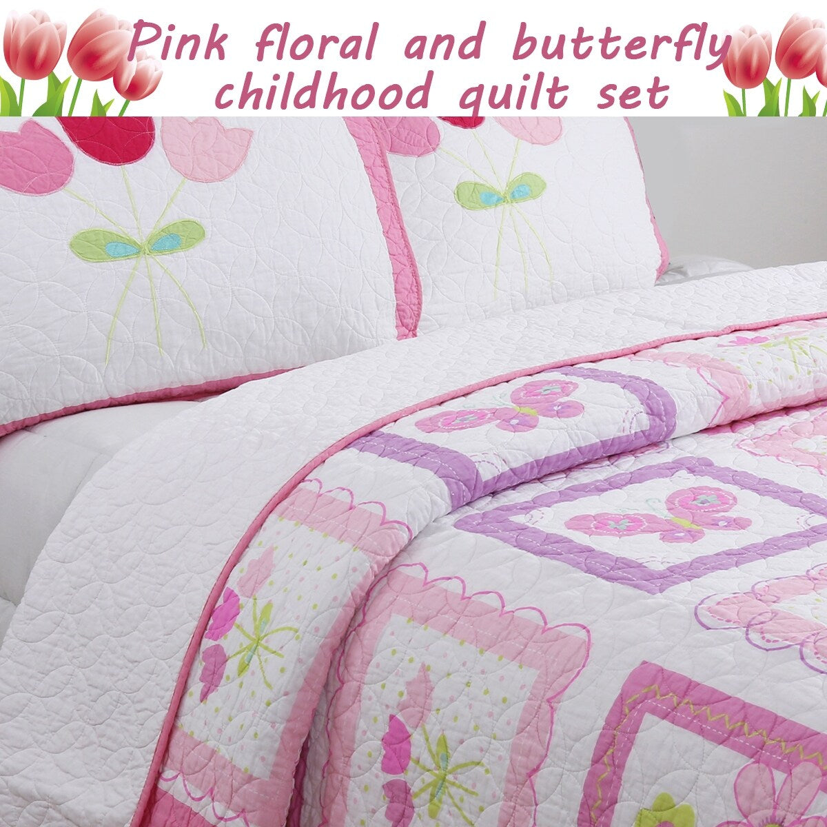 Parure de lit avec couette et motif papillon et fleurs roses