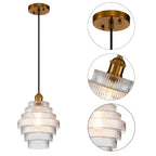 Suspension C Cattleya en laiton antique à 1 lumière avec abat-jour en verre rayé - Laiton antique