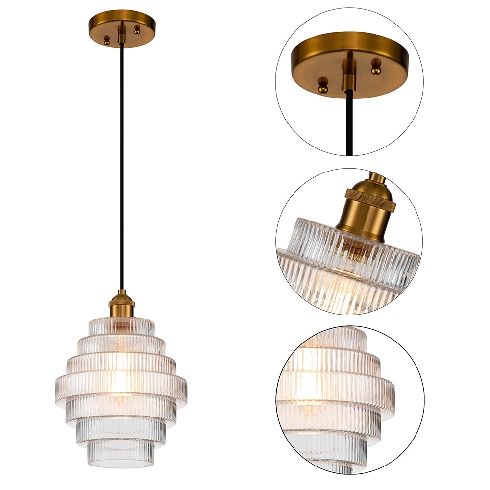 Suspension C Cattleya en laiton antique à 1 lumière avec abat-jour en verre rayé - Laiton antique