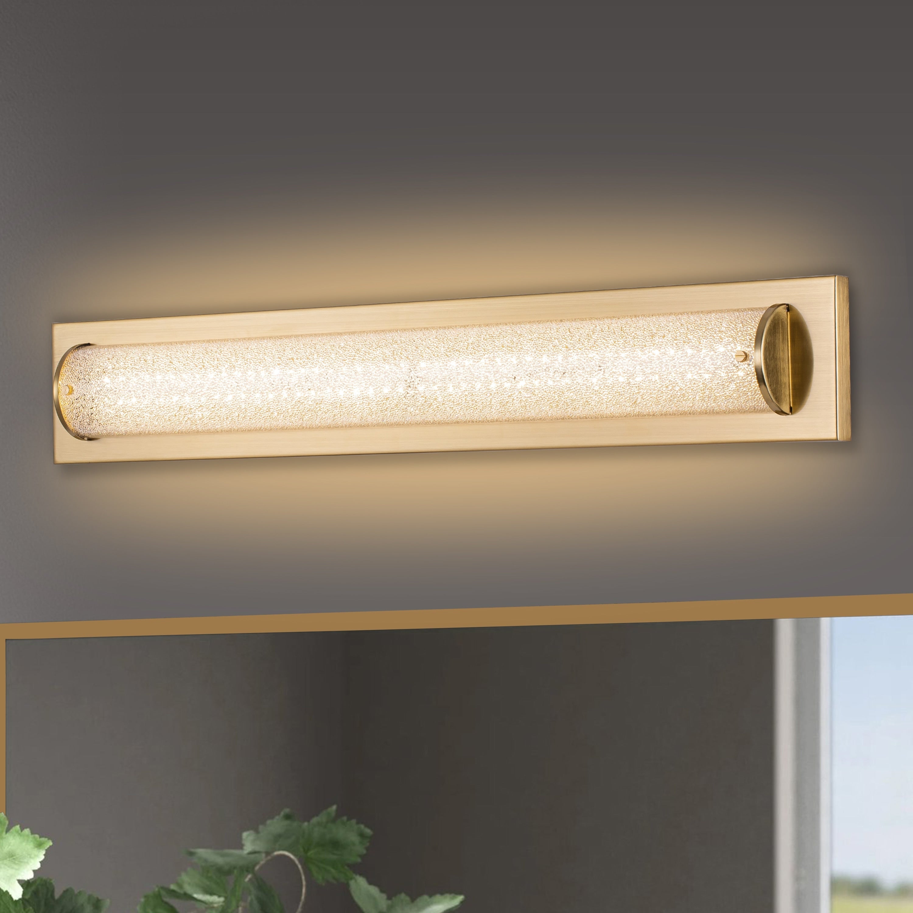 C Cattleya 28 Barre lumineuse LED intégrée pour meuble-lavabo de salle de bain en or brossé avec verre sablé transparent