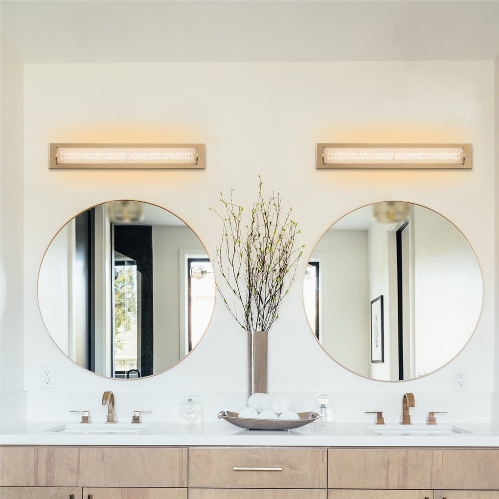 C Cattleya 28 Barre lumineuse LED intégrée pour meuble-lavabo de salle de bain en or brossé avec verre sablé transparent