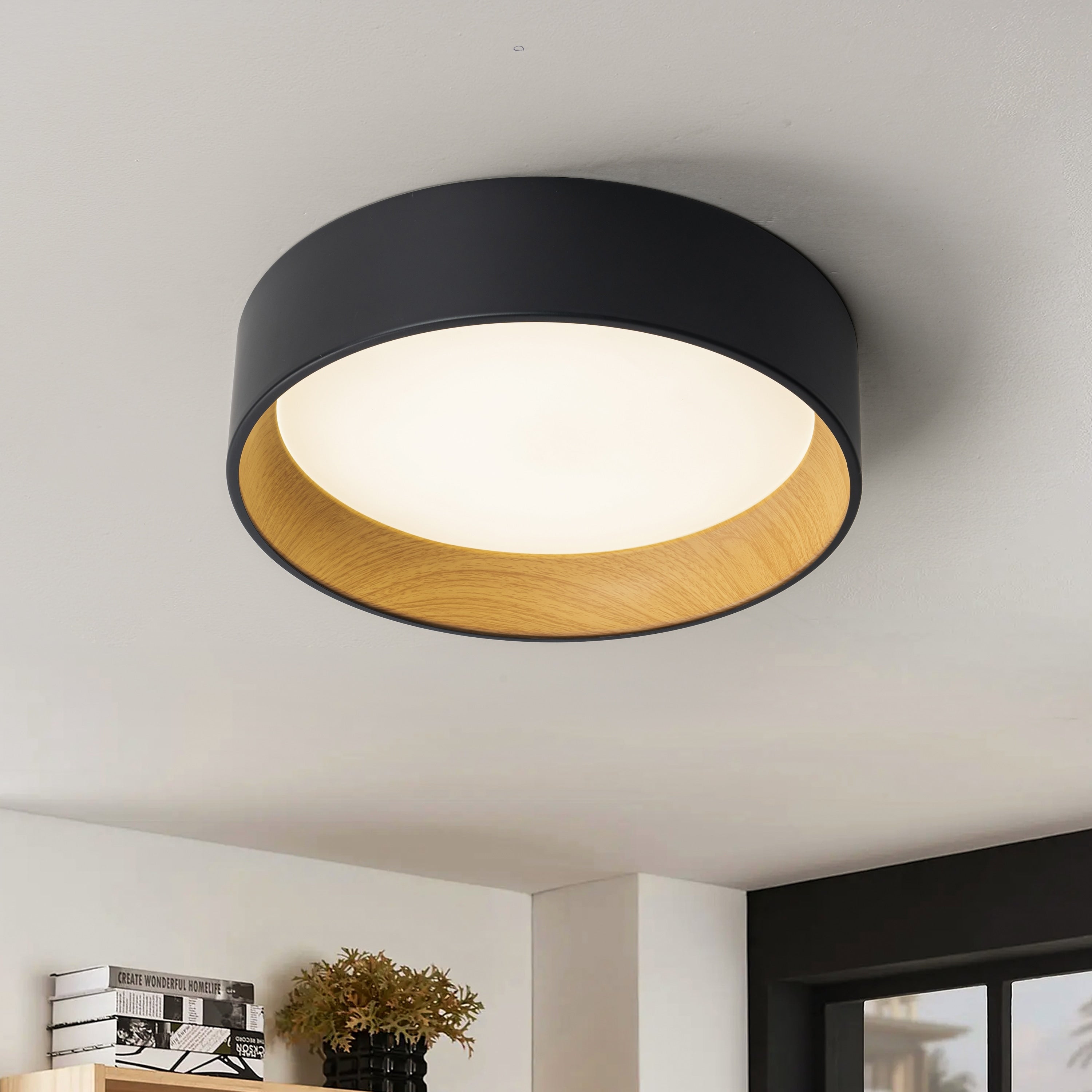 Plafonnier encastré à LED intégré C Cattleya noir et bois 3CCT