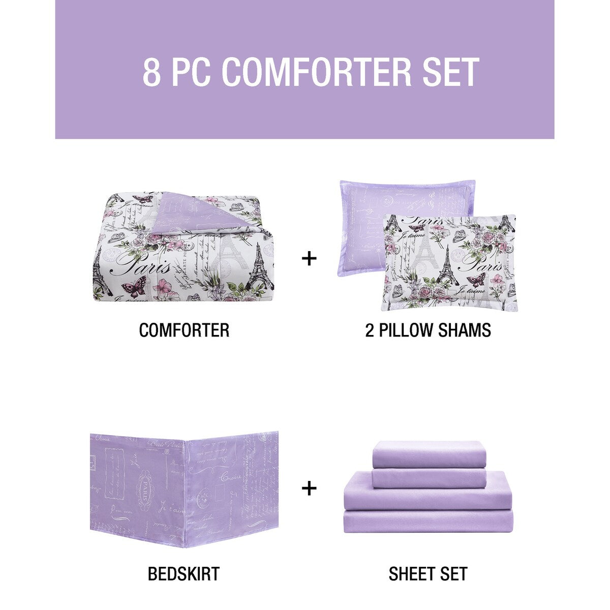 Parure de lit réversible en microfibre douce CEDAR COURT Paris Floral Lilas