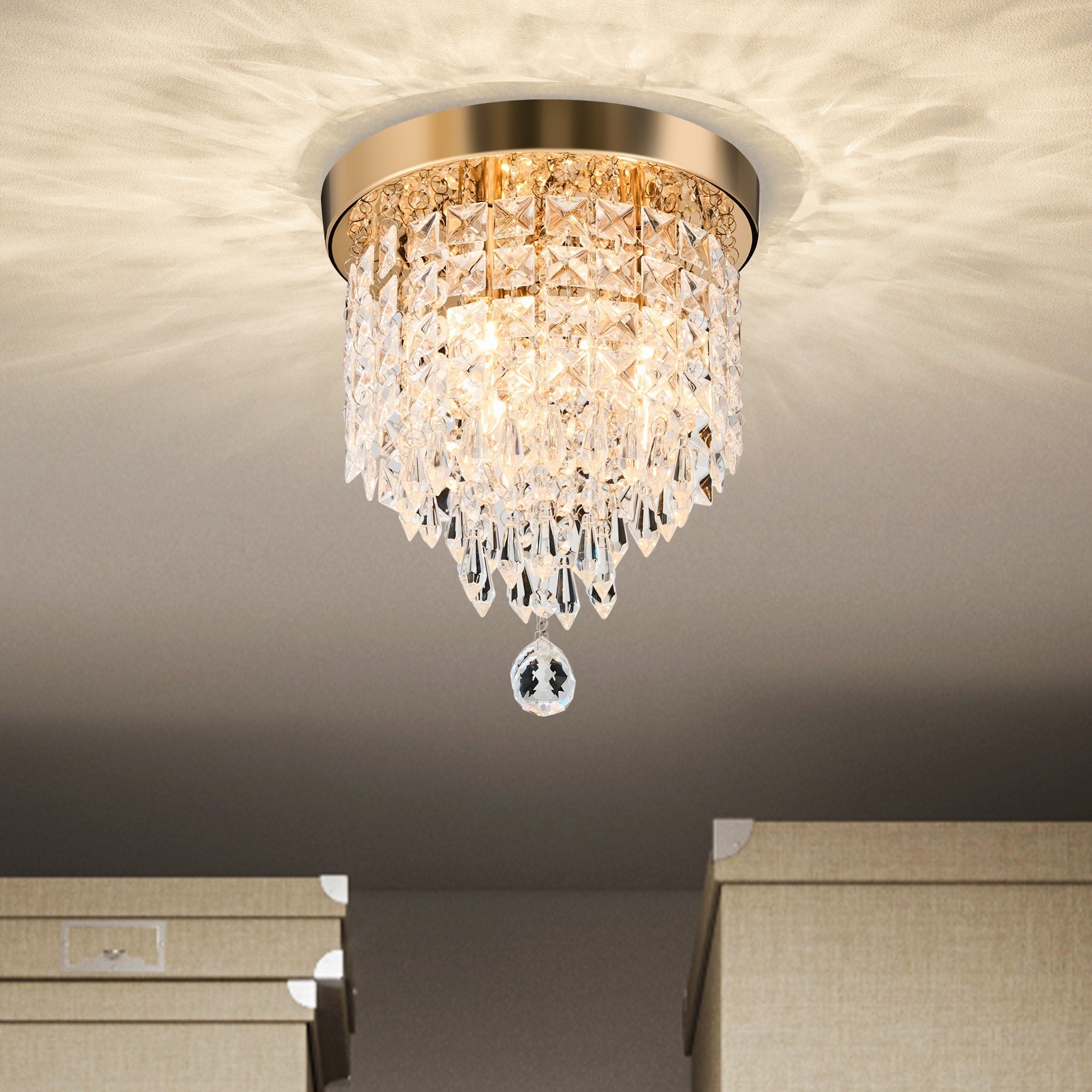 Lustre miniature en cristal CO-Z à 3 lumières avec cristaux en forme de goutte de pluie