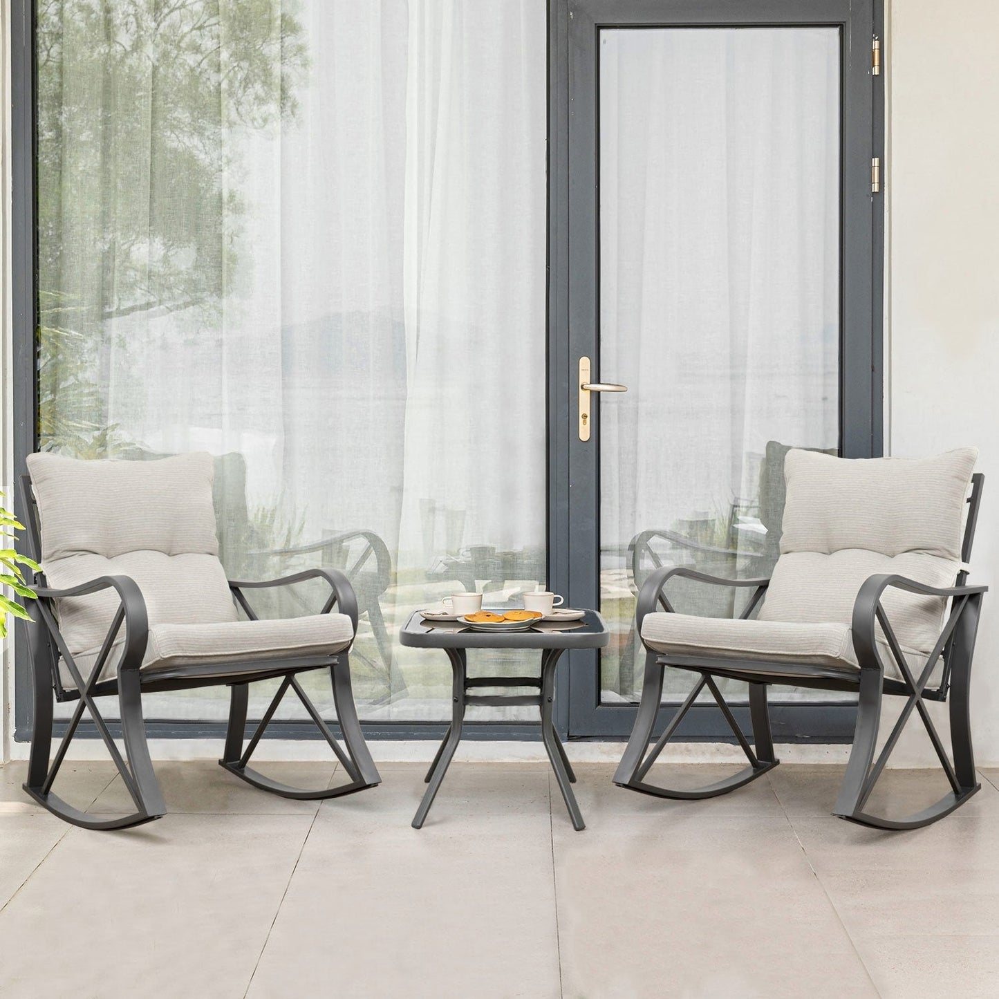 Ensemble de 3 chaises à bascule d'extérieur COSIEST avec table d'appoint