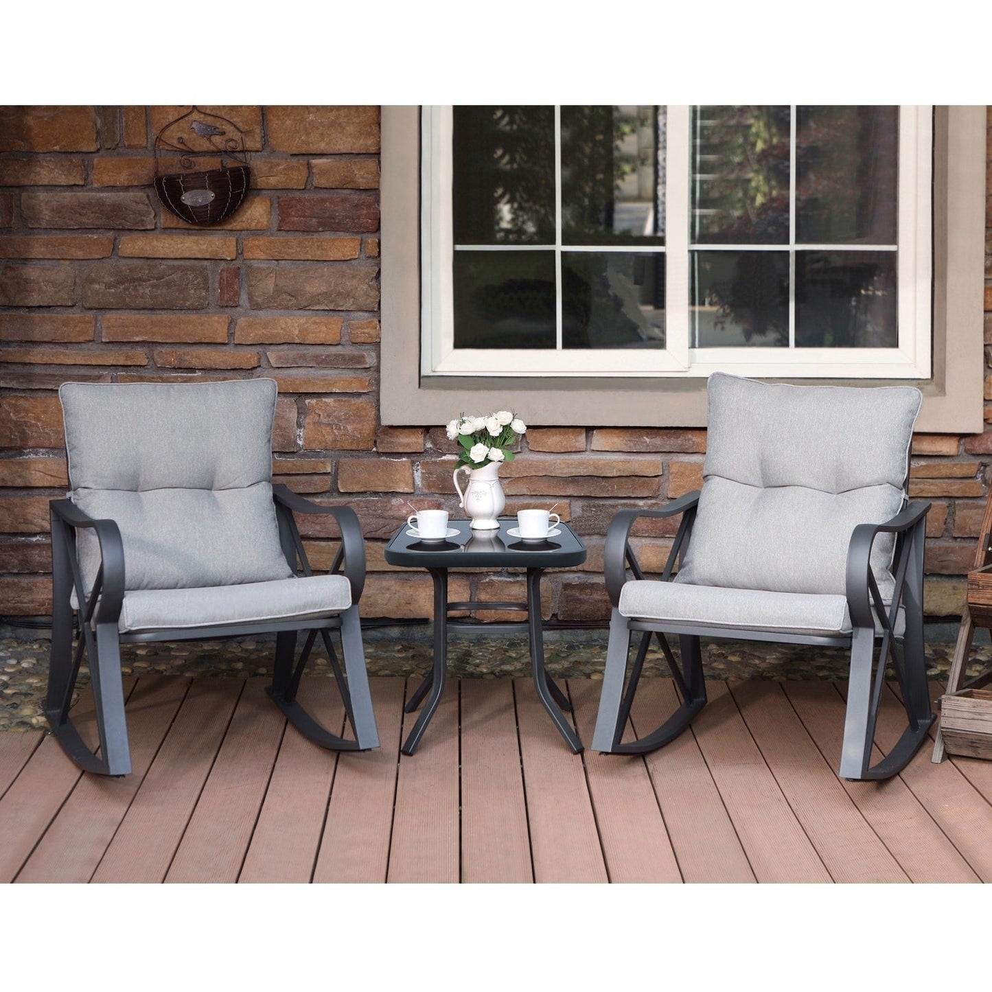 Ensemble de 3 chaises à bascule d'extérieur COSIEST avec table d'appoint