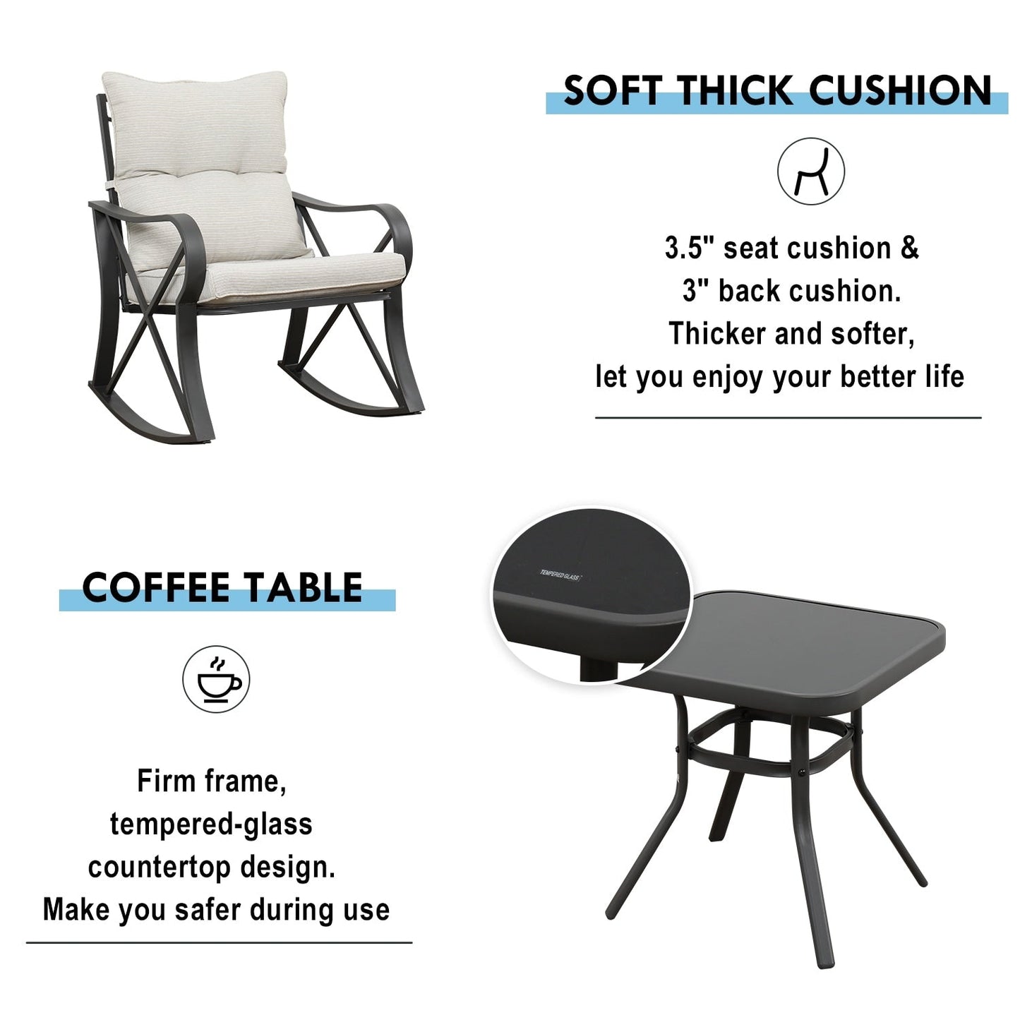 Ensemble de 3 chaises à bascule d'extérieur COSIEST avec table d'appoint