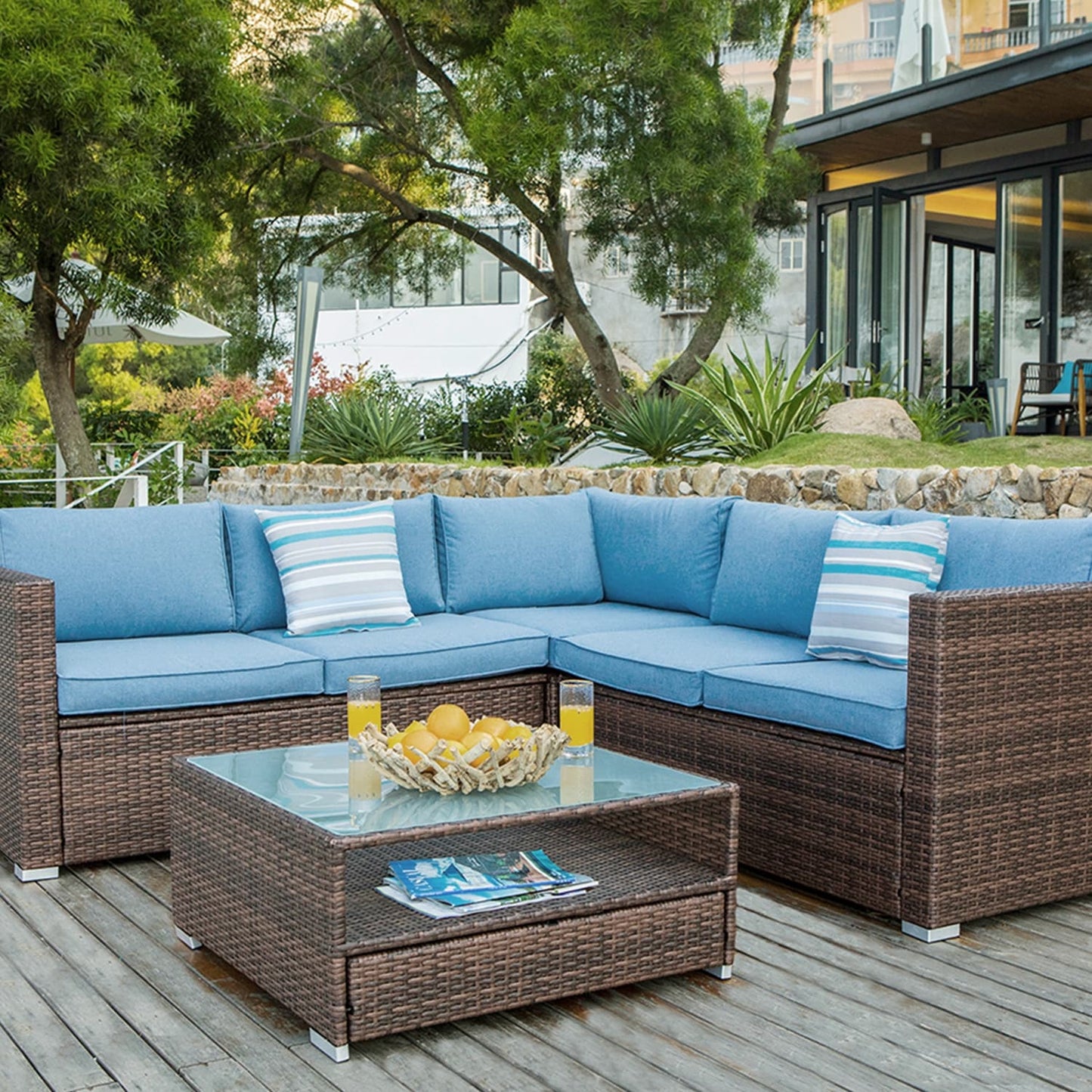 Ensemble de patio extérieur en osier 4 pièces COSIEST avec table basse