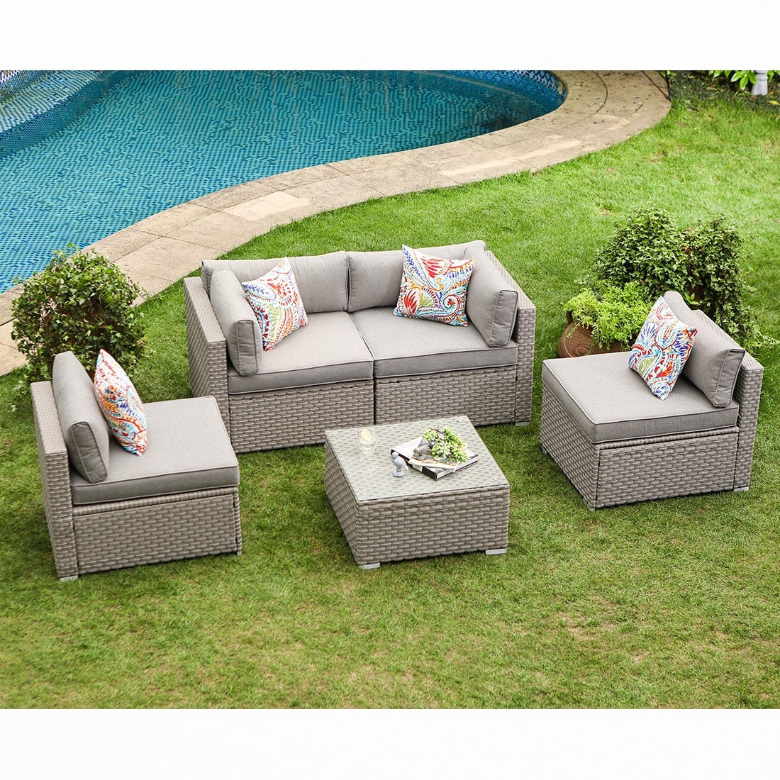 Ensemble de meubles de jardin en osier 5 pièces le plus confortable avec table basse