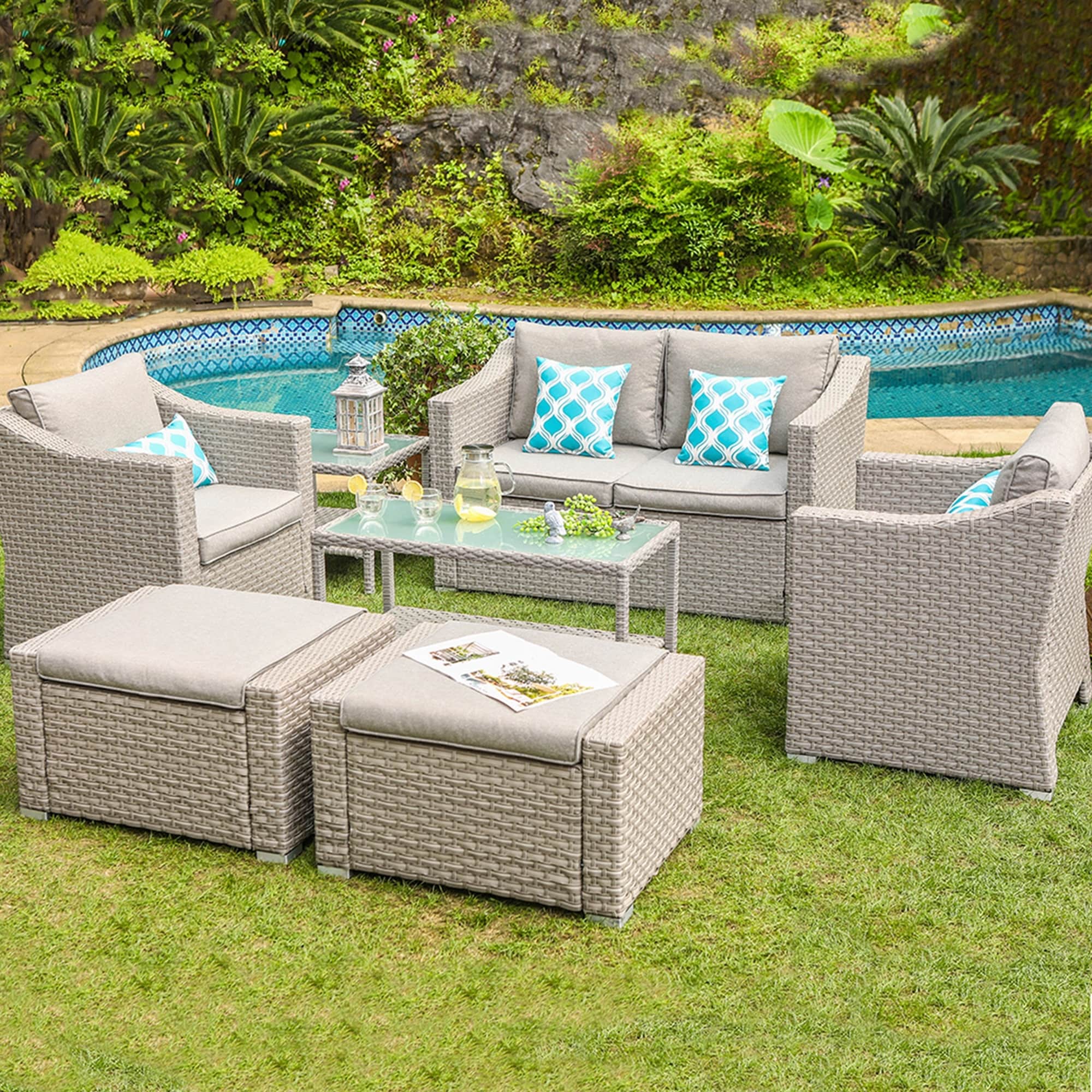 Ensemble de salon de jardin COSIEST 7 pièces avec coussins