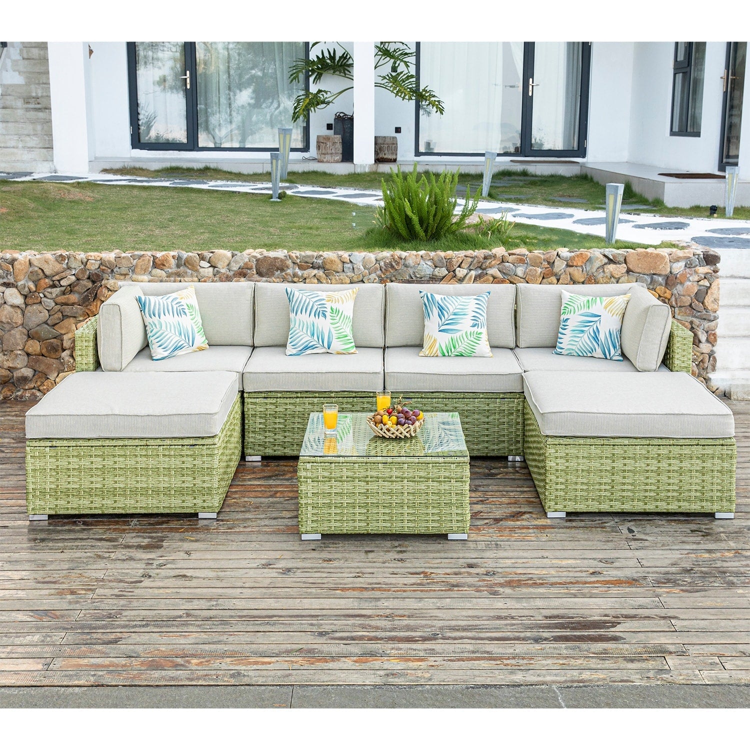 Canapé sectionnel en osier 7 pièces pour patio extérieur COSIEST avec table basse