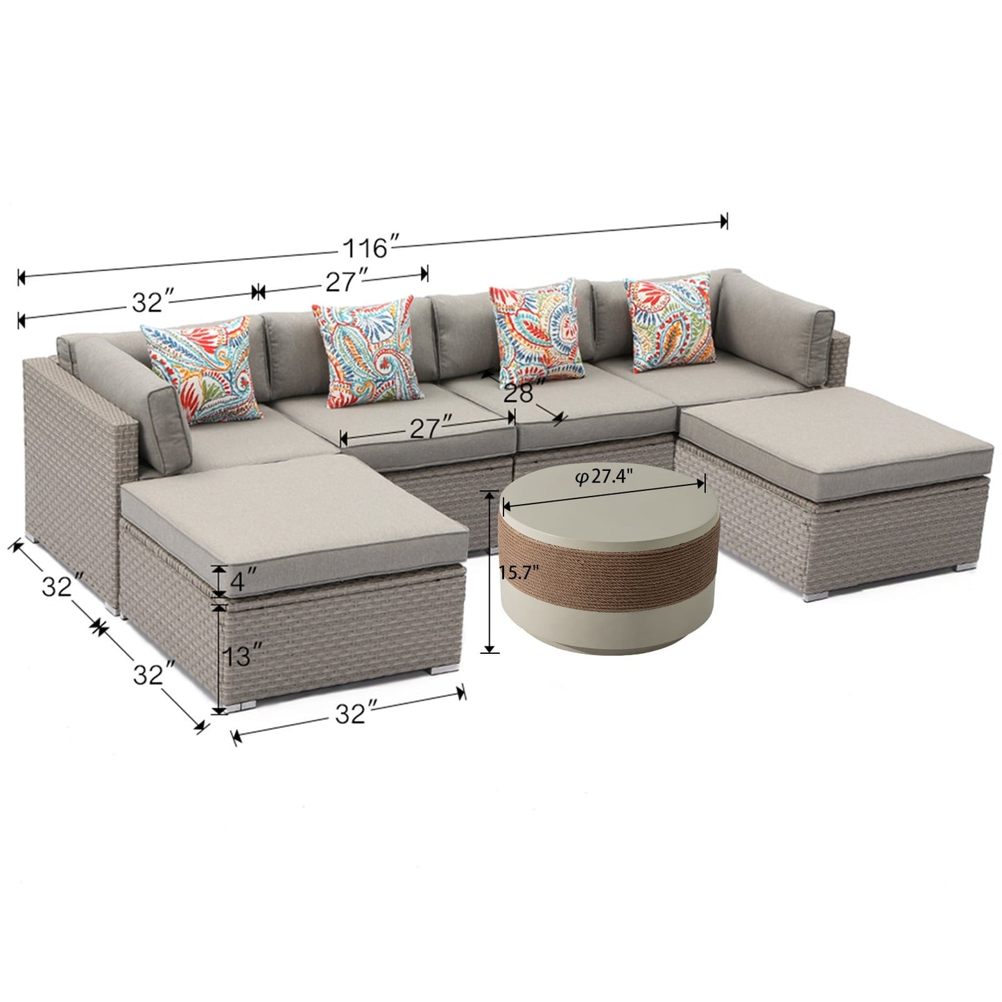 Canapé sectionnel en osier 7 pièces pour patio extérieur COSIEST avec table basse