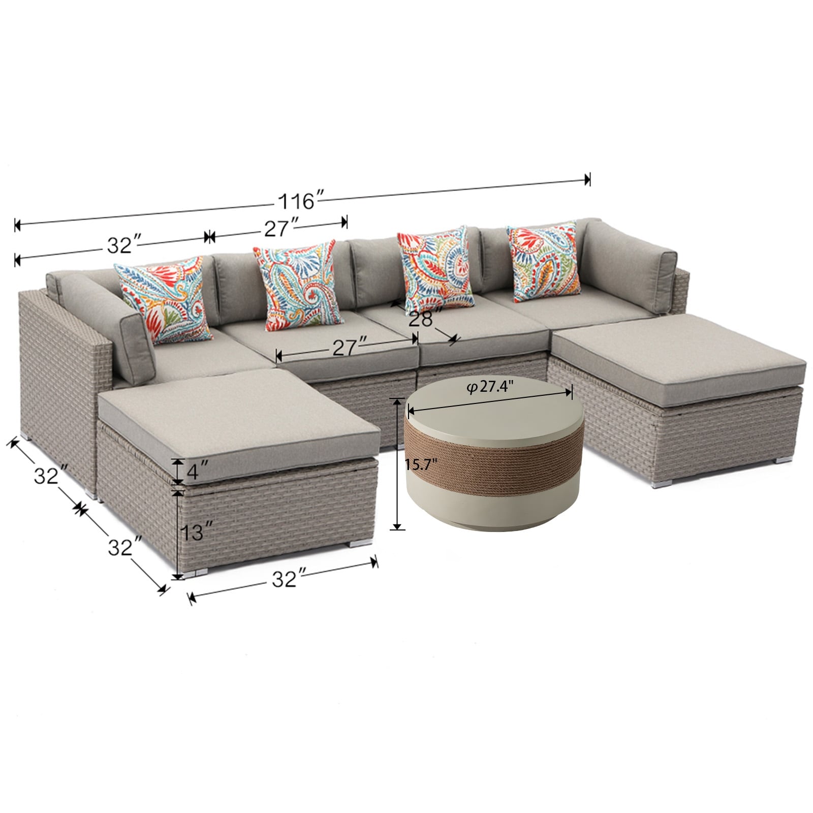 Canapé sectionnel en osier 7 pièces pour patio extérieur COSIEST avec table basse