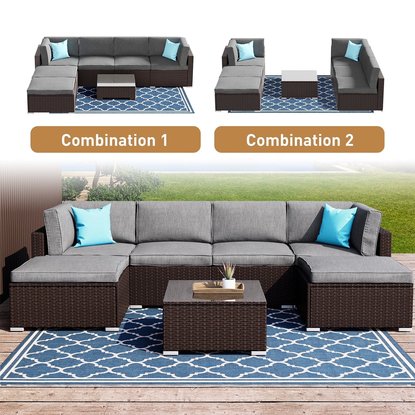Canapé sectionnel en osier 7 pièces pour patio extérieur COSIEST avec table basse