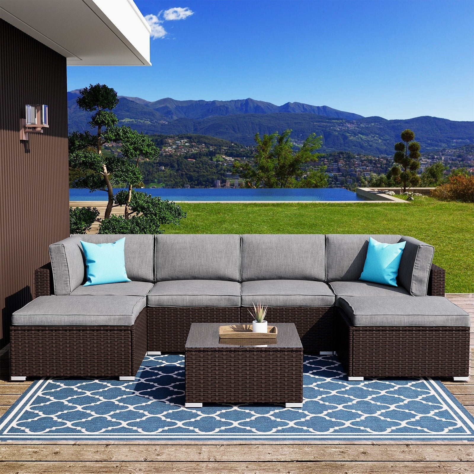 Canapé sectionnel en osier 7 pièces pour patio extérieur COSIEST avec table basse