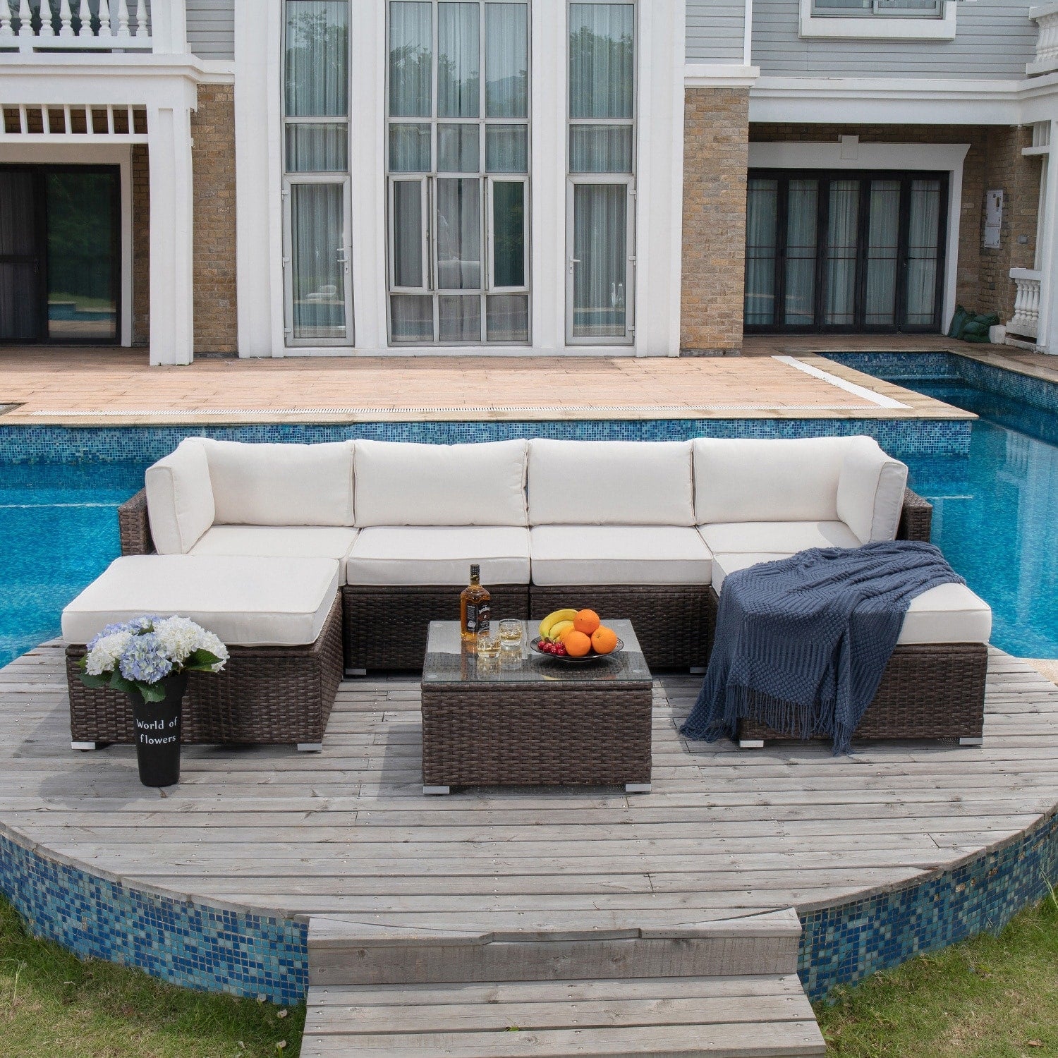 Canapé sectionnel en osier 7 pièces pour patio extérieur COSIEST avec table basse